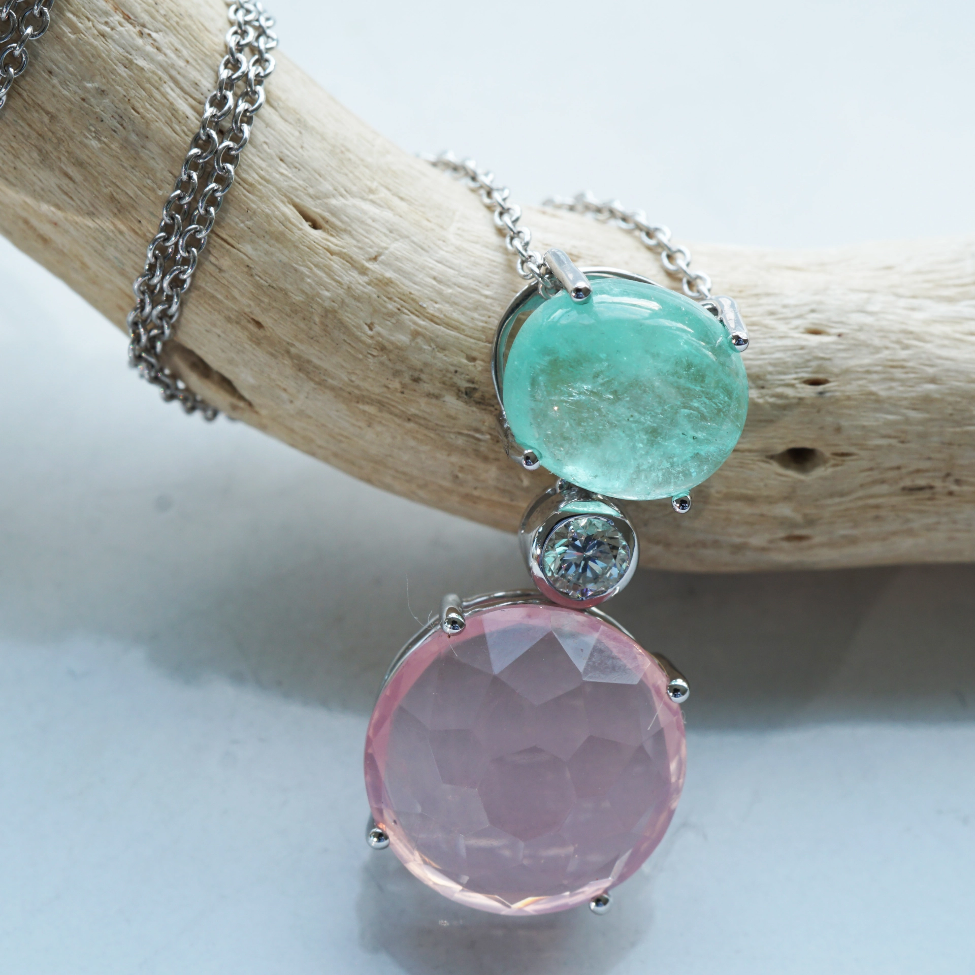 Smaragd Rosenquarz Brillant Anhänger mit Kette 750er Weissgold ...romantic story