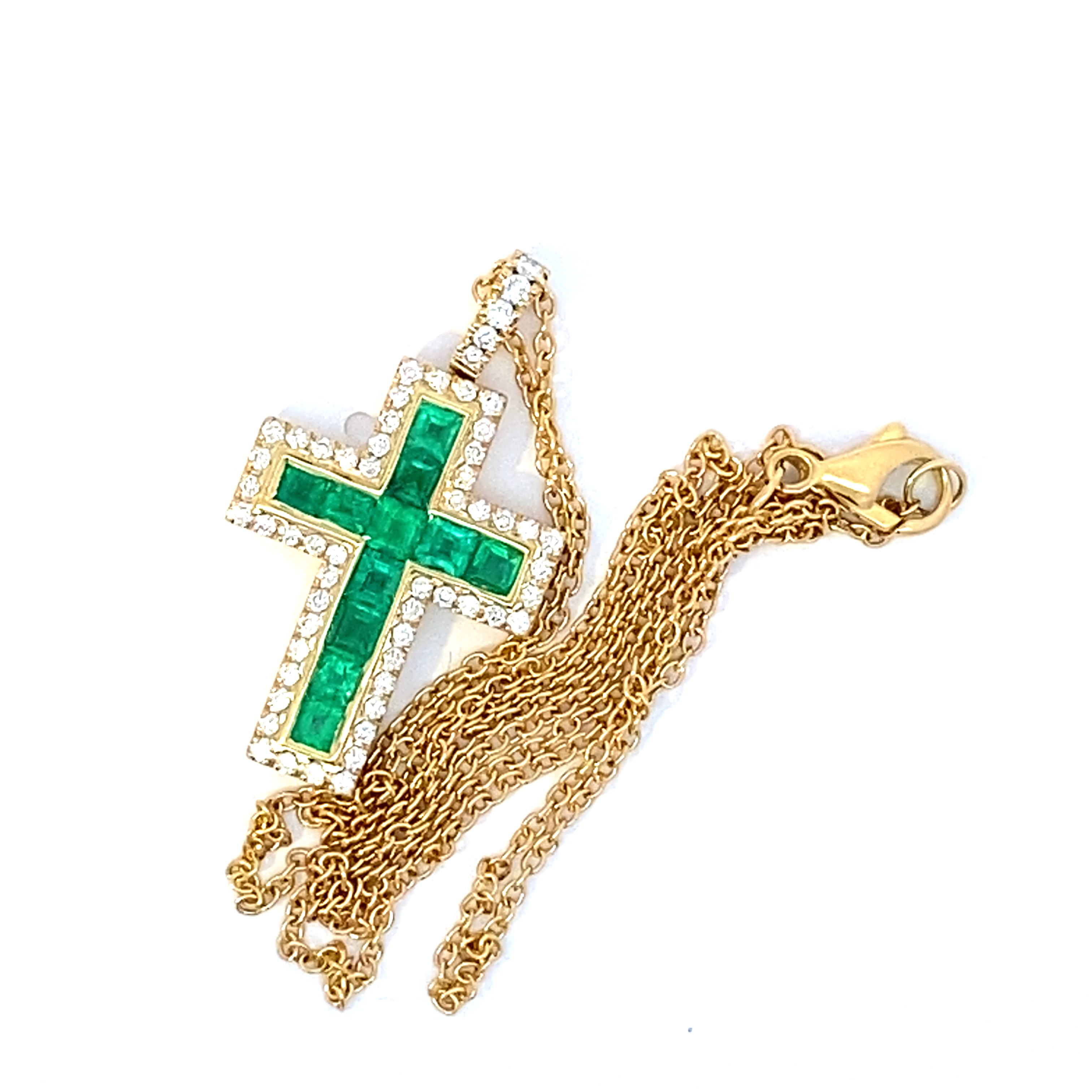 Leuchtend grünes AAA+ Panshir Smaragd Brillant Kreuz mit Kette in 750er Gelbgold - 0.98 ct 0.38 ct TW VS