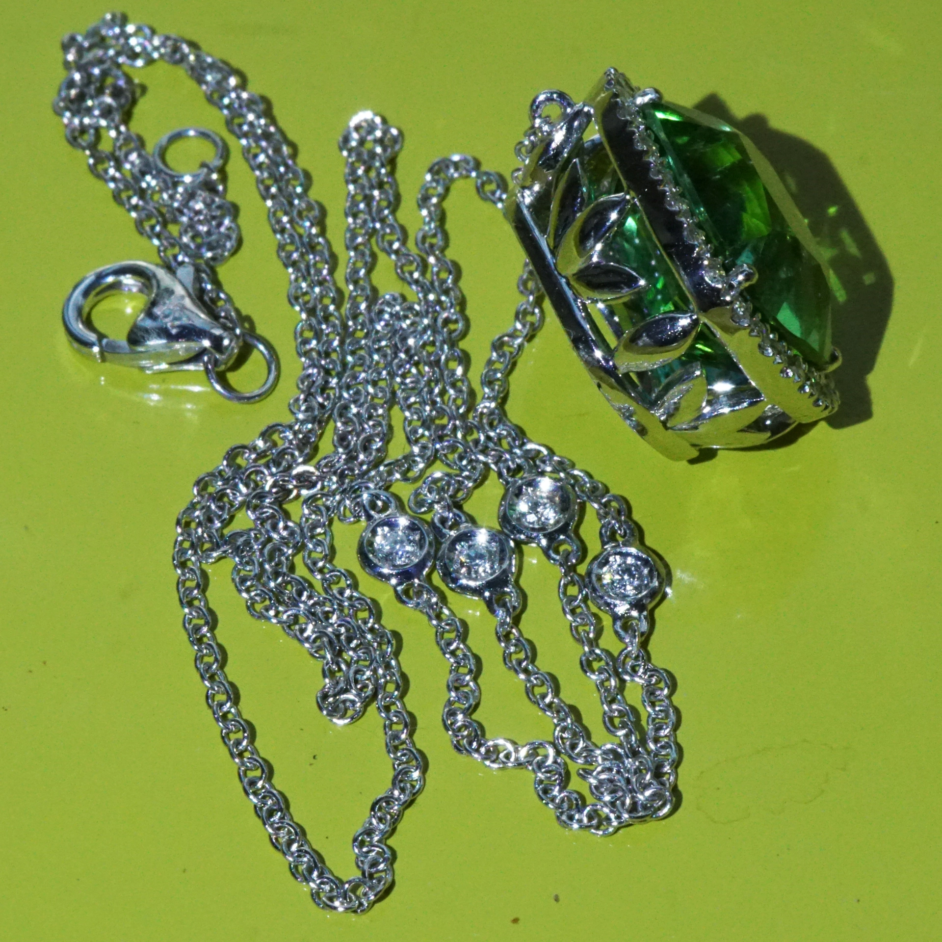 Turmalin Brillant Collier 750er Weissgold Investment lagun-grün Afghanistan 8.35 ct AAA+ Lupenrein