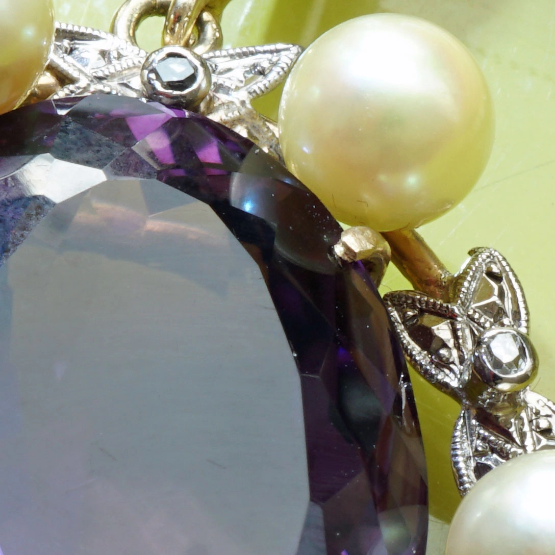 Akoya Zuchtperl Amethyst Diamant Anhänger Clip 585er Gelbgold Retro Stil TOP Amethyst