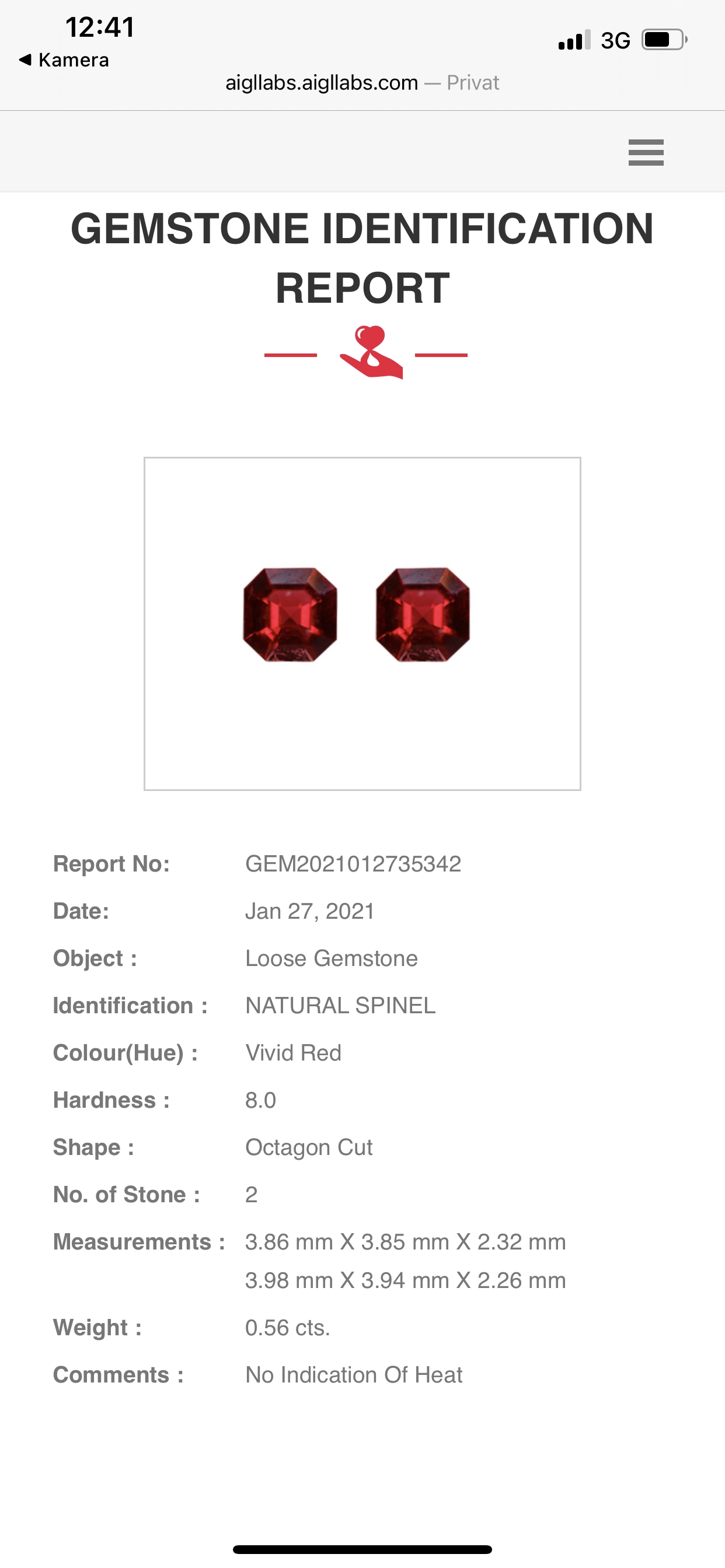 2 Spinelle Burma vivid red octagon cut 0.56 ct unbehandelt AIG Expertise