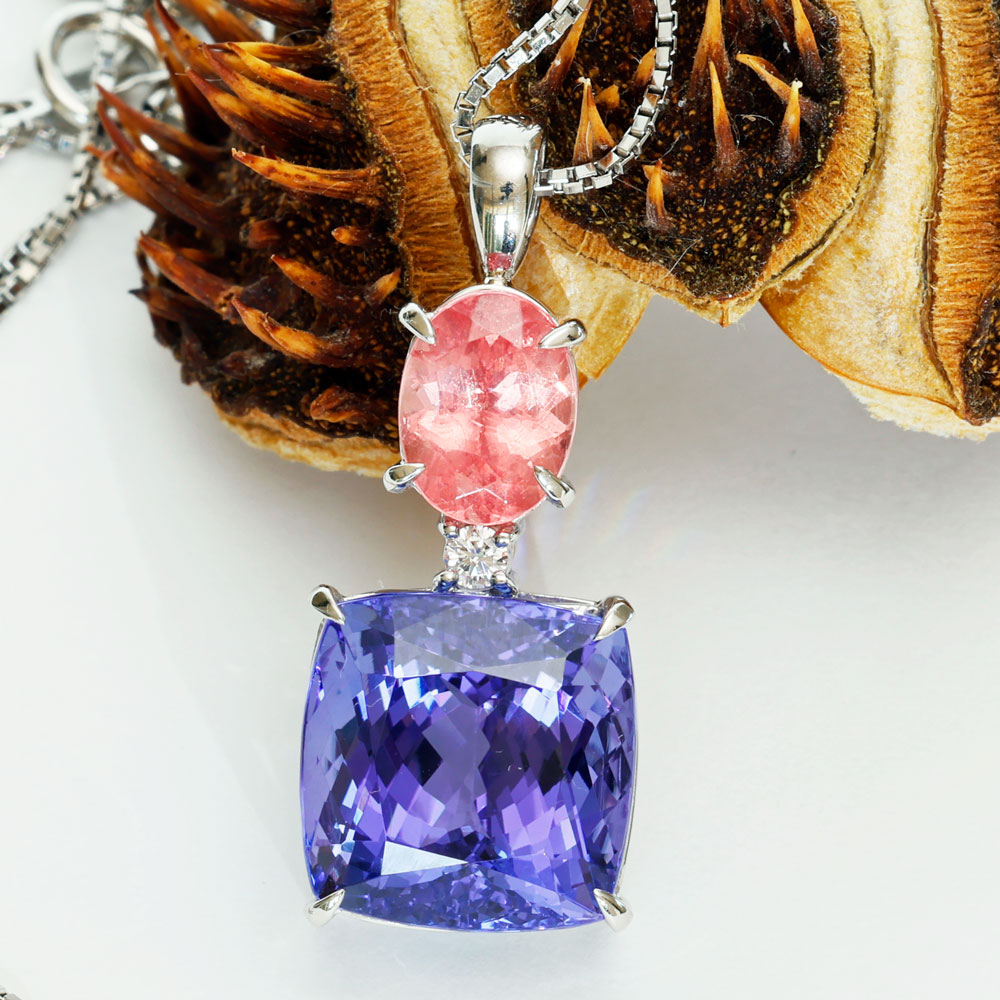 FARBENWUNDER Tansanit Rhodochrosit Anhänger m. Kette 10.6 und 1.84 ct AAA+ 900er Platin