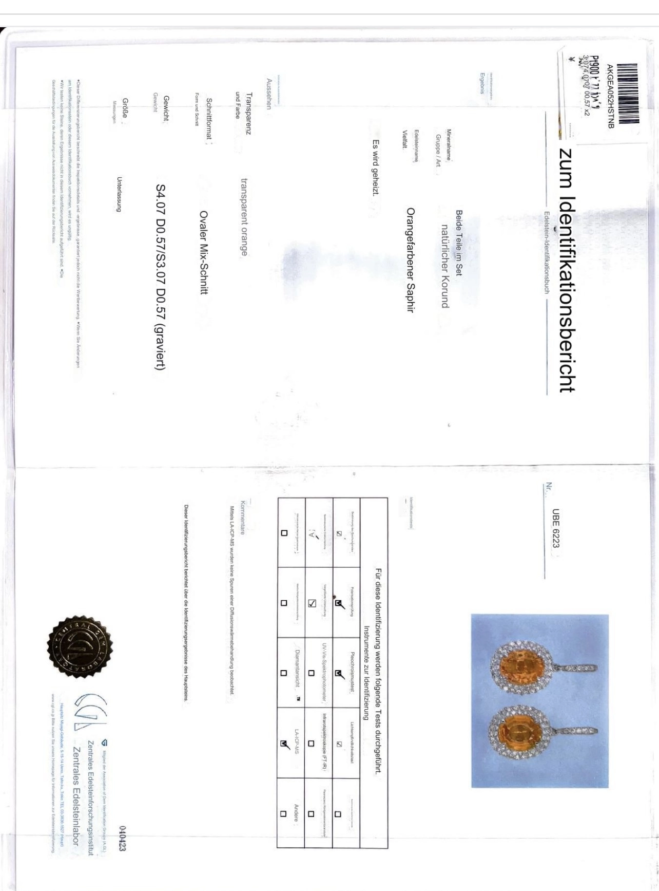IMG_4713Wzcoc6D8S04O2 Saphir Brillant Ohrhänger in 900 Platin 7.14 ct 1.14 ct ORANGE-Pink mit Zertifikat HAMMER!