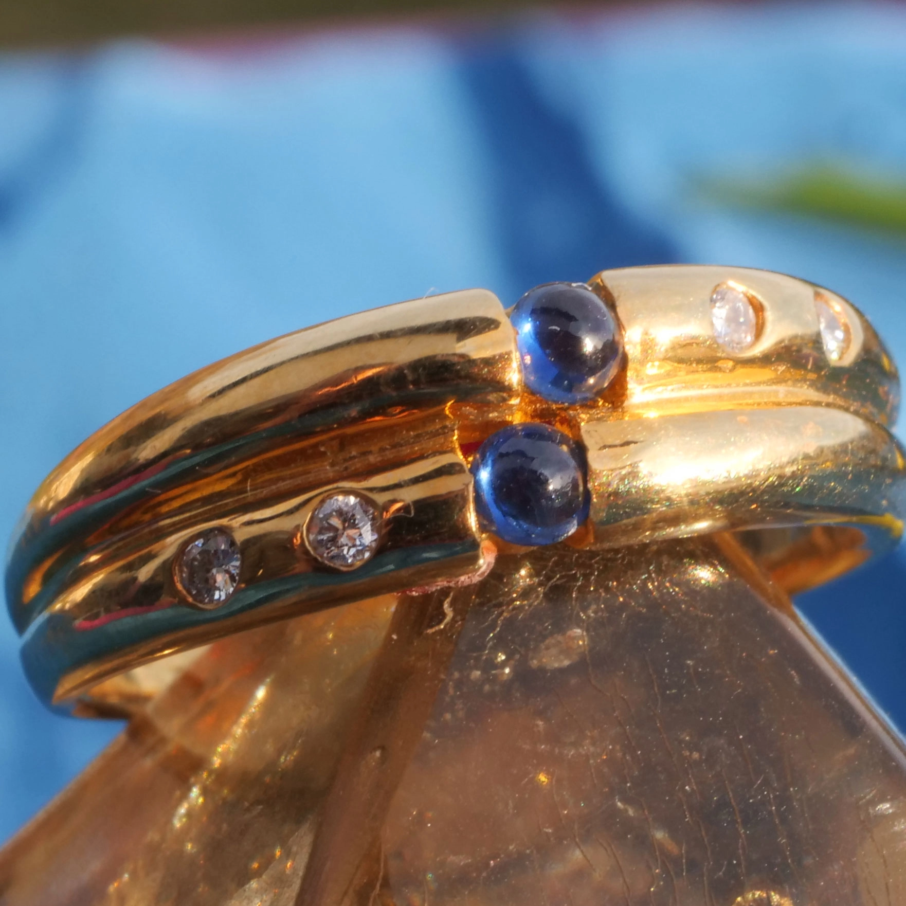 Saphir Brillant Ring 750er Gelbgold neu und ungetragen doppelreihig versetzt