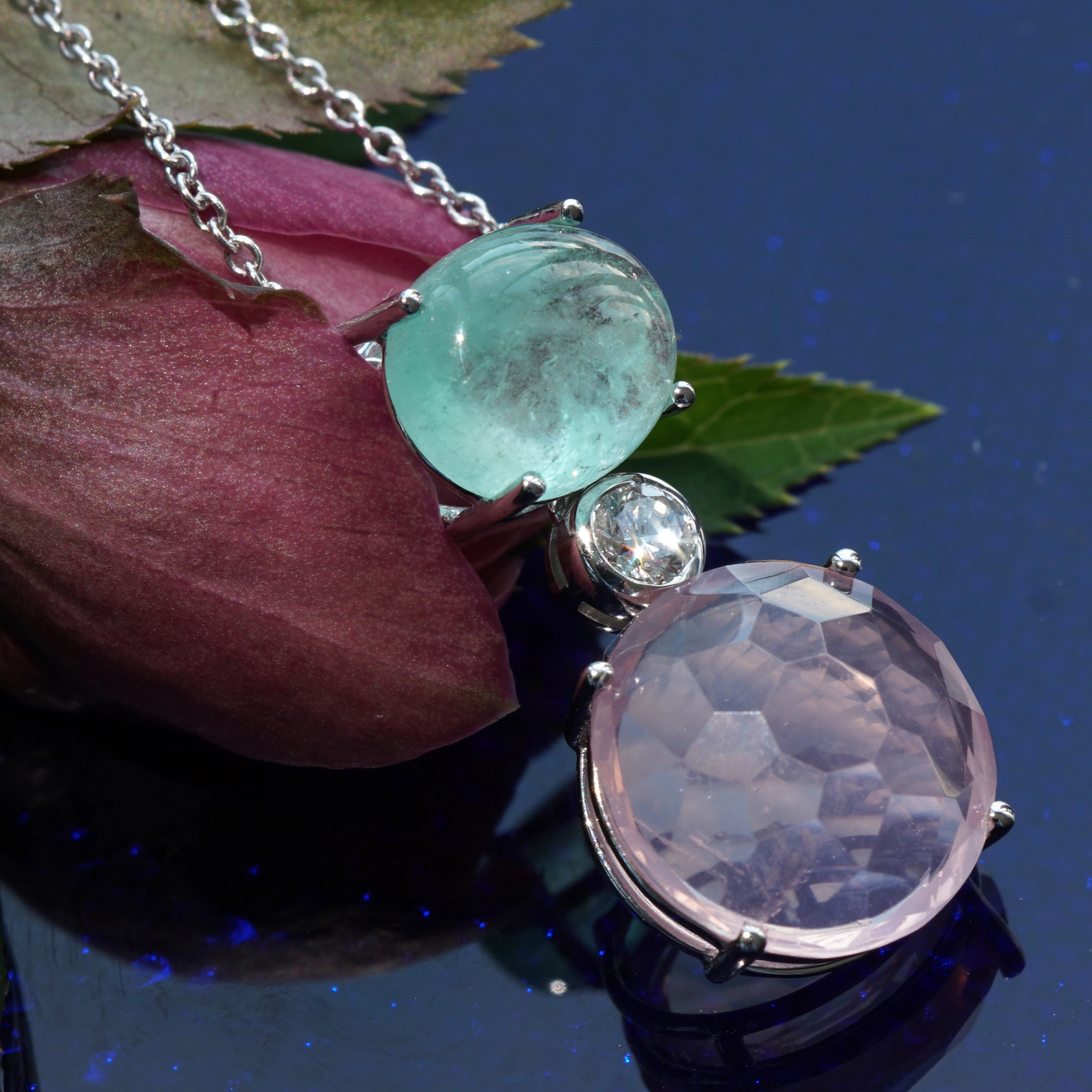 Smaragd Rosenquarz Brillant Anhänger mit Kette 750er Weissgold ...romantic story