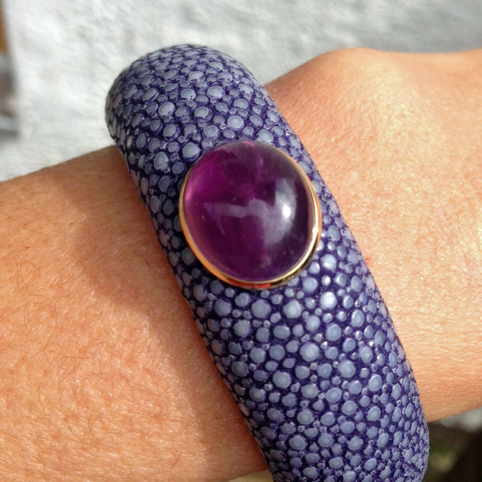 Amethyst Rochenleder Armreif  585er Gold 14 kt Gelbgold