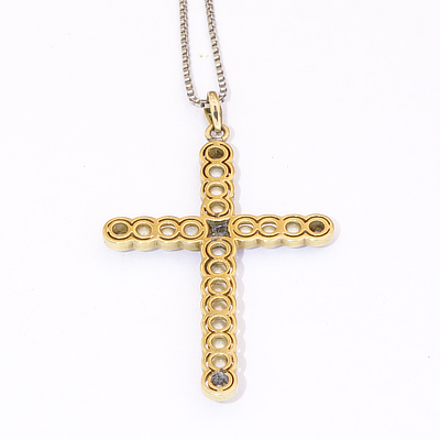 Antikschmuck Kreuz Perl Brillant Anhänger mit Kette 585er Weissgold Gelbgold um 1900
