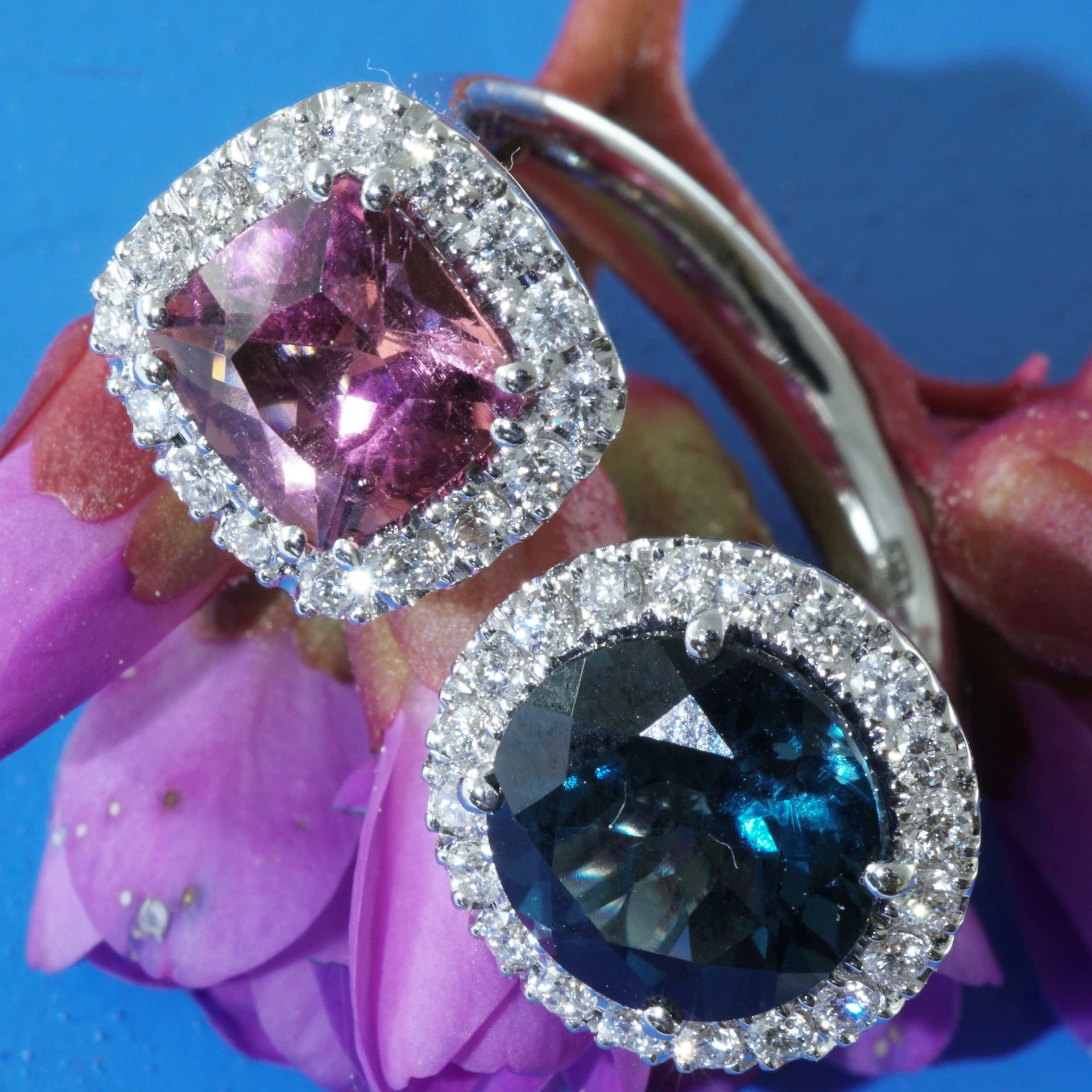 Rosa Turmalin Blautopas Brillant Ring 750er Weissgold 1.41 ct 3.38 ct 0.56 ct...Zwillingsring