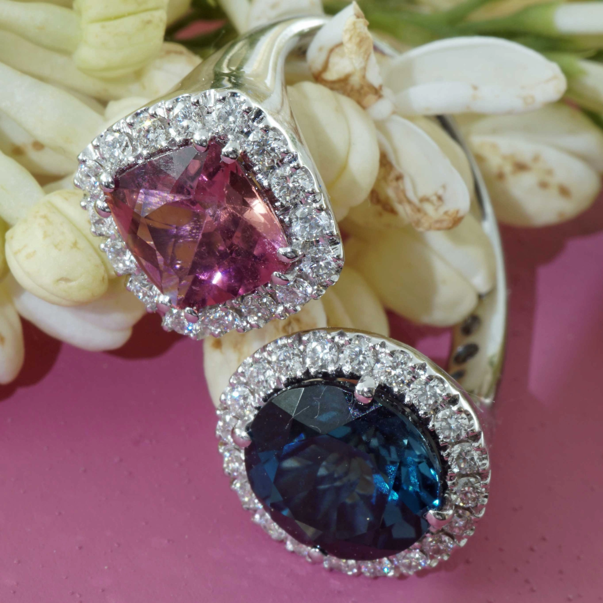Rosa Turmalin Blautopas Brillant Ring 750er Weissgold 1.41 ct 3.38 ct 0.56 ct...Zwillingsring