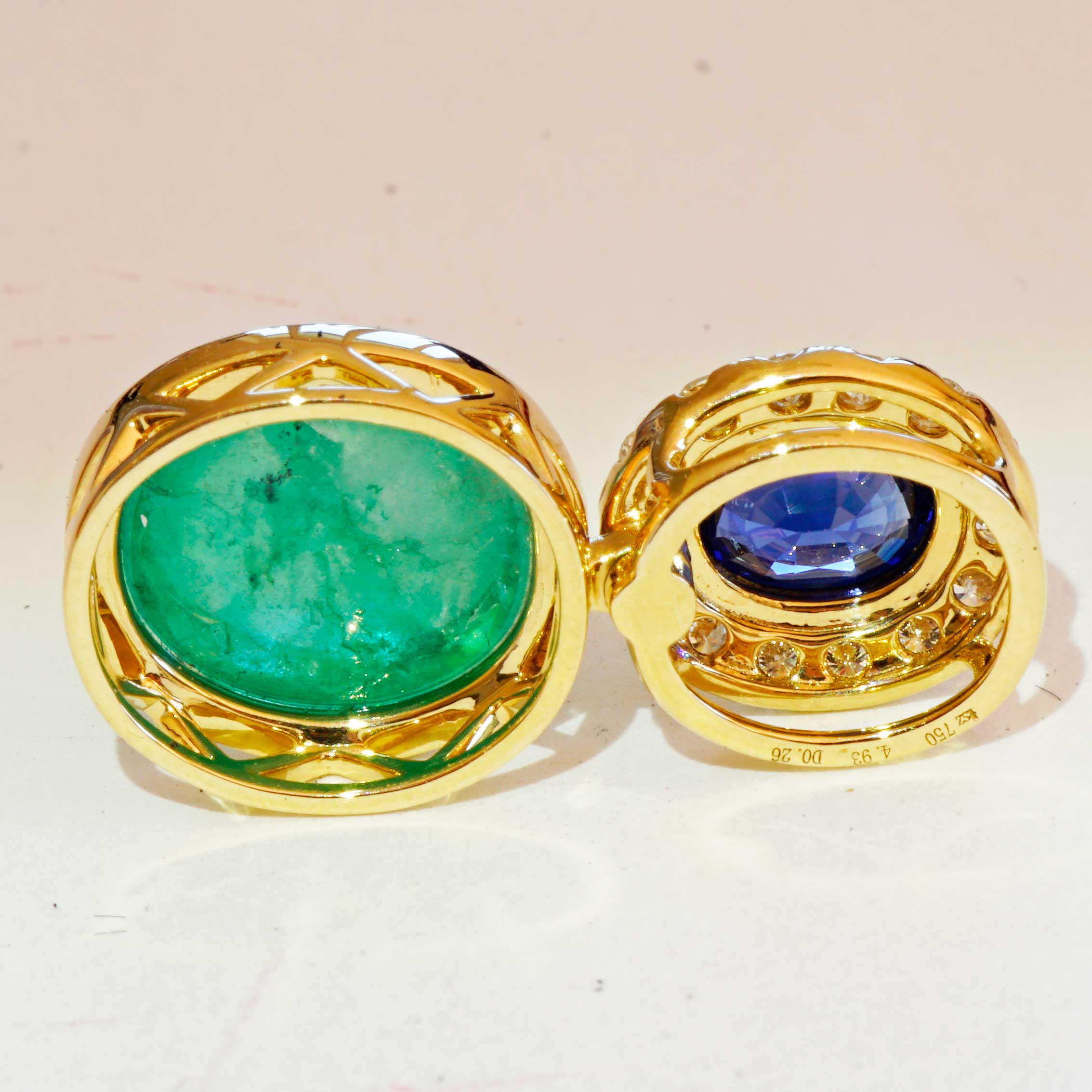 Saphir Smaragd Brillant Anhänger 750er Gelbgold blau-grün.....Farbengewaltig! 4.16 ct und 0.77 ct