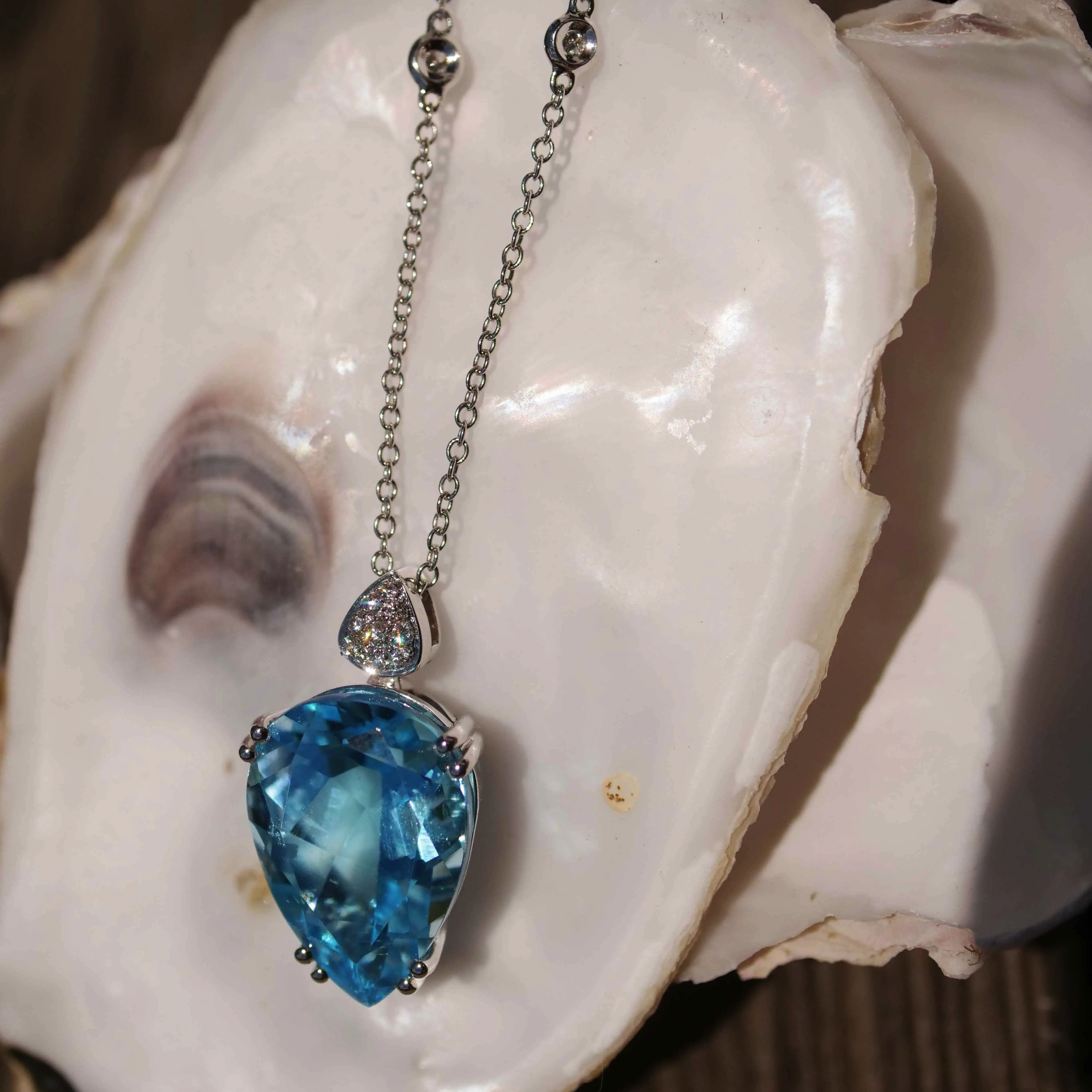 Blautopas Brillant Anhänger 750er Weissgold 14 ct 0.11 ct ...Aqua Wasser Brillanz Tropfenform 