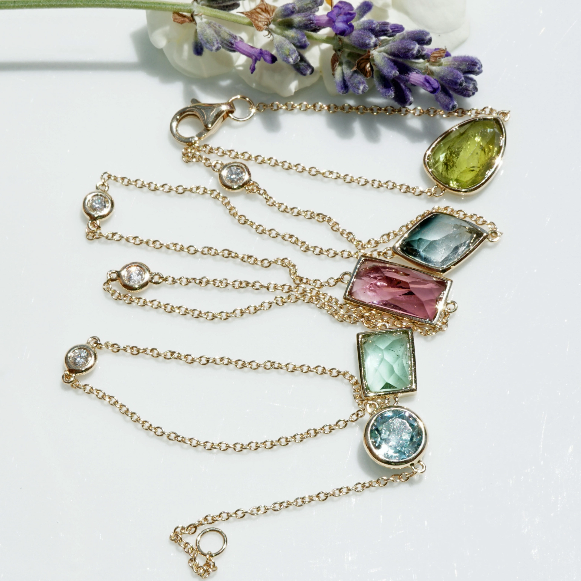 kette-turmalin-zirkon-brillant-gelbgold-SON02276 Turmalin Zirkon Brillant Collier 585er Gelbgold Confetti Style....9.50 ct und 0.20 ct TW VS