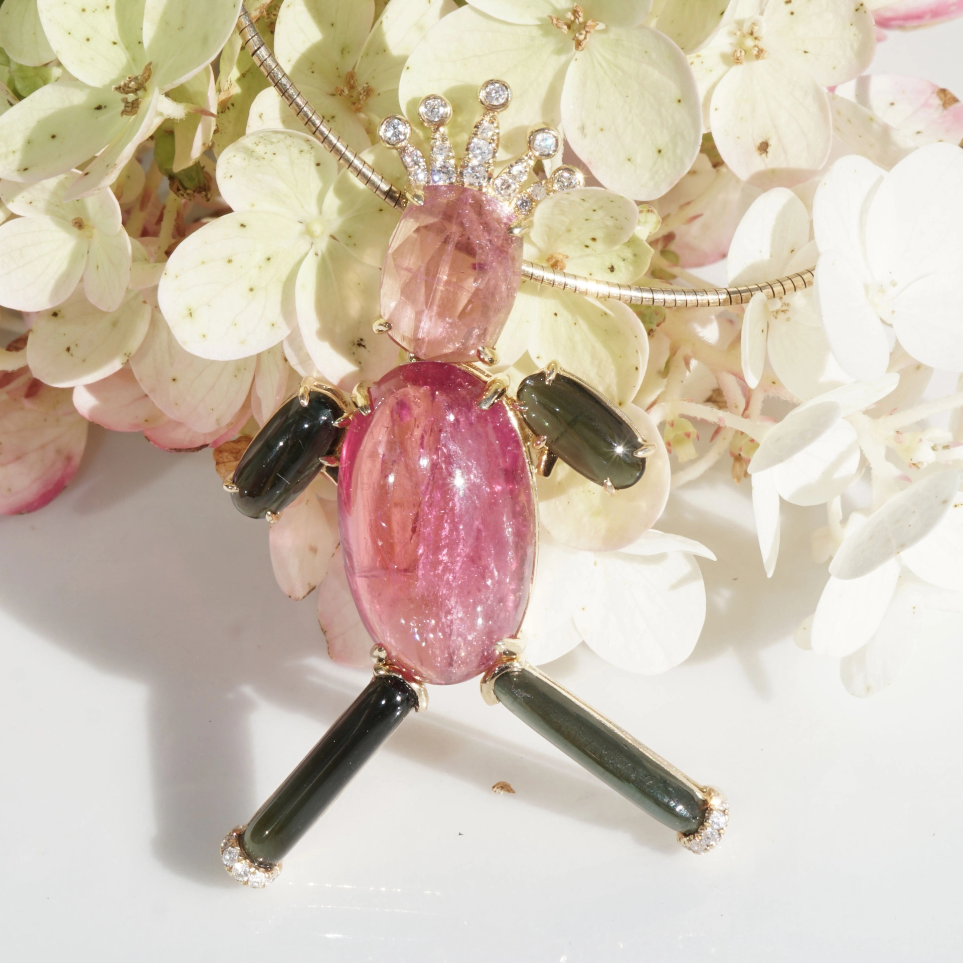 Turmalin Brillant Anhänger PRINZ 20 ct 0.18 ct 750er Gelbgold bewegliche Edelstein