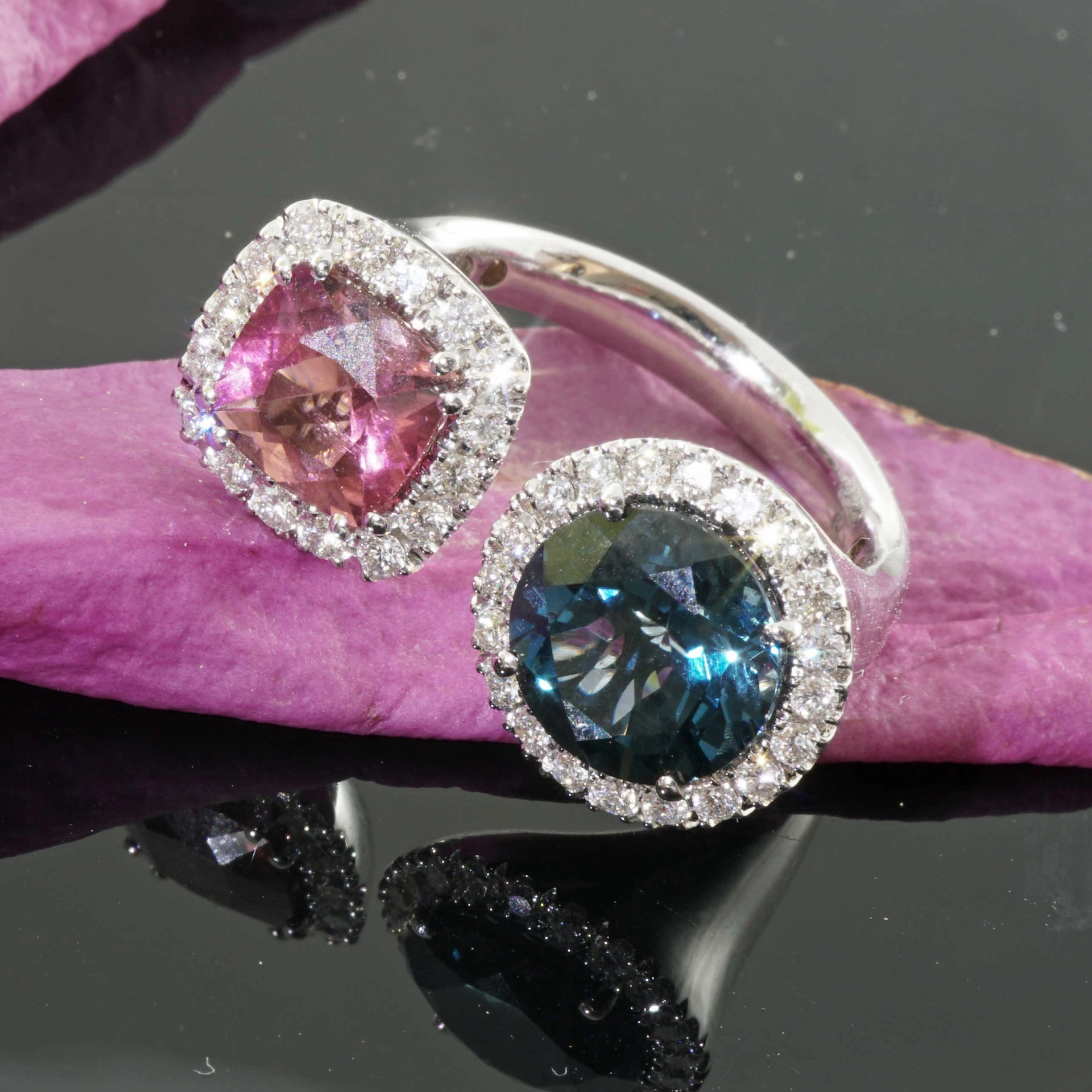 Rosa Turmalin Blautopas Brillant Ring 750er Weissgold 1.41 ct 3.38 ct 0.56 ct...Zwillingsring