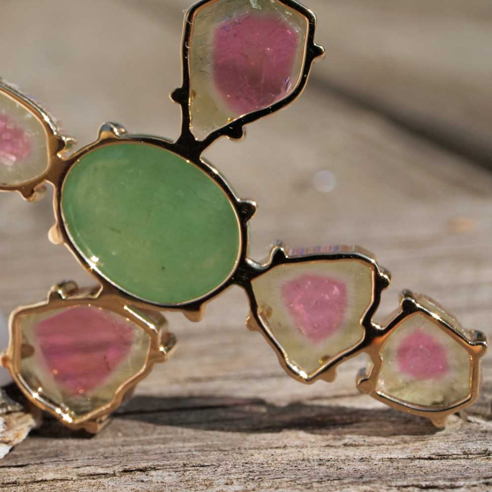 Anhänger Kreuz Wassermelonen Turmalin Jade 585er Gelbgold 10.20 ct 15.29 ct mit Kurzgutachten