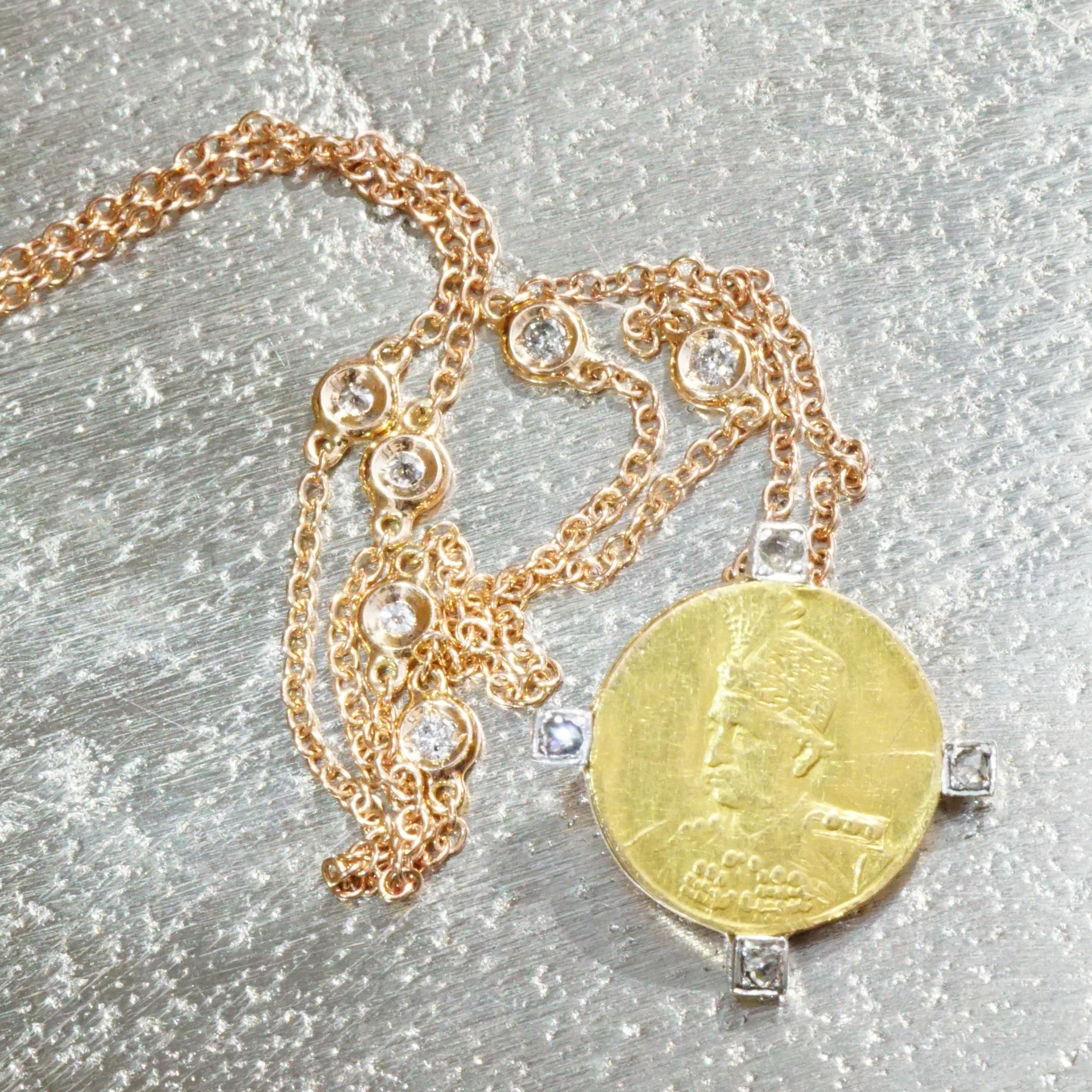 Münz Diamant Anhänger 916er 750er Rosegold wohl Persien Mozaffar Shah 1853-1907