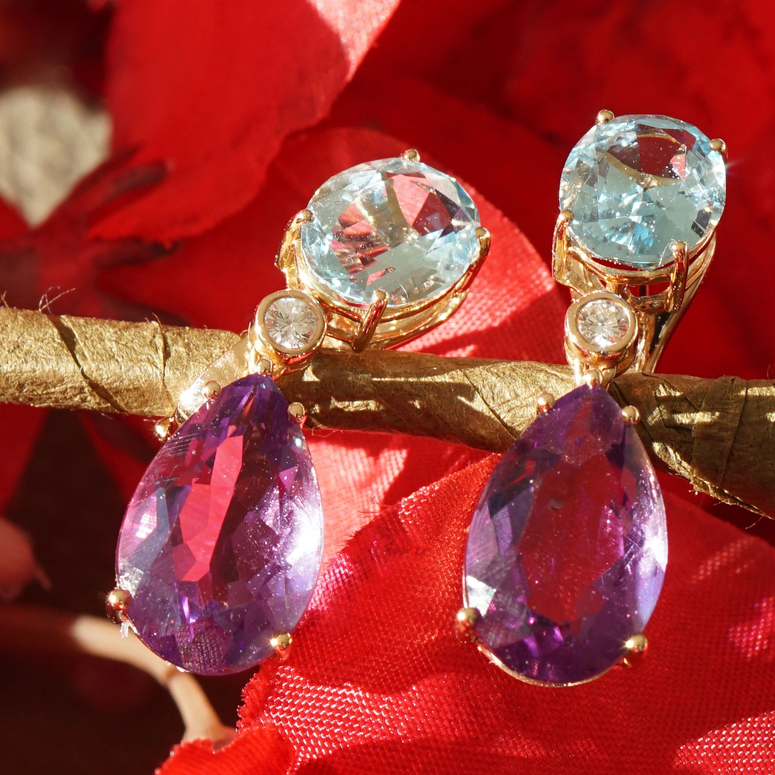 Aquamarin Amethyst Ohrhänger m. Brillanten in 750er Rosegold hochwertig