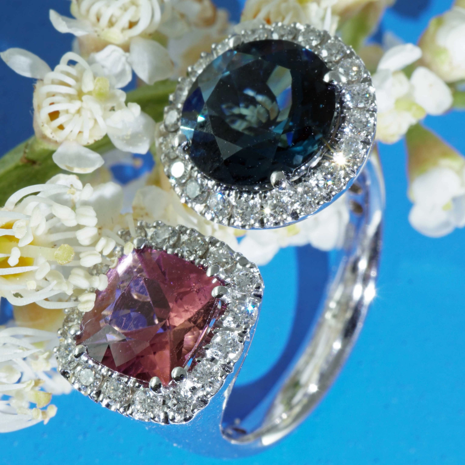 Rosa Turmalin Blautopas Brillant Ring 750er Weissgold 1.41 ct 3.38 ct 0.56 ct...Zwillingsring