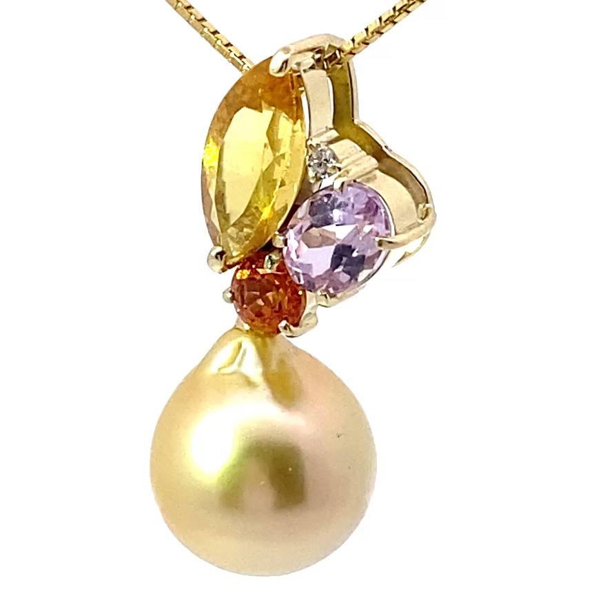 Südsee Perl Edelstein Brillant Anhänger mit Kette 750er Gelbgold...Multi Paradies Farben