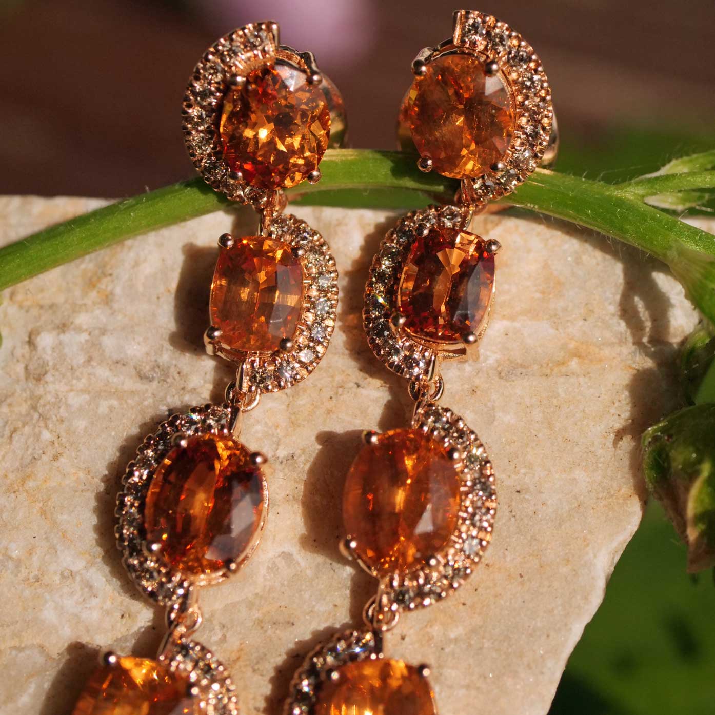 Seltene Mandarin Granat Brillant Chandelier Ohrhänger  750er Rosegold 14.85 ct 0.76 ct Ausnahmefarbe Fanta Orange 