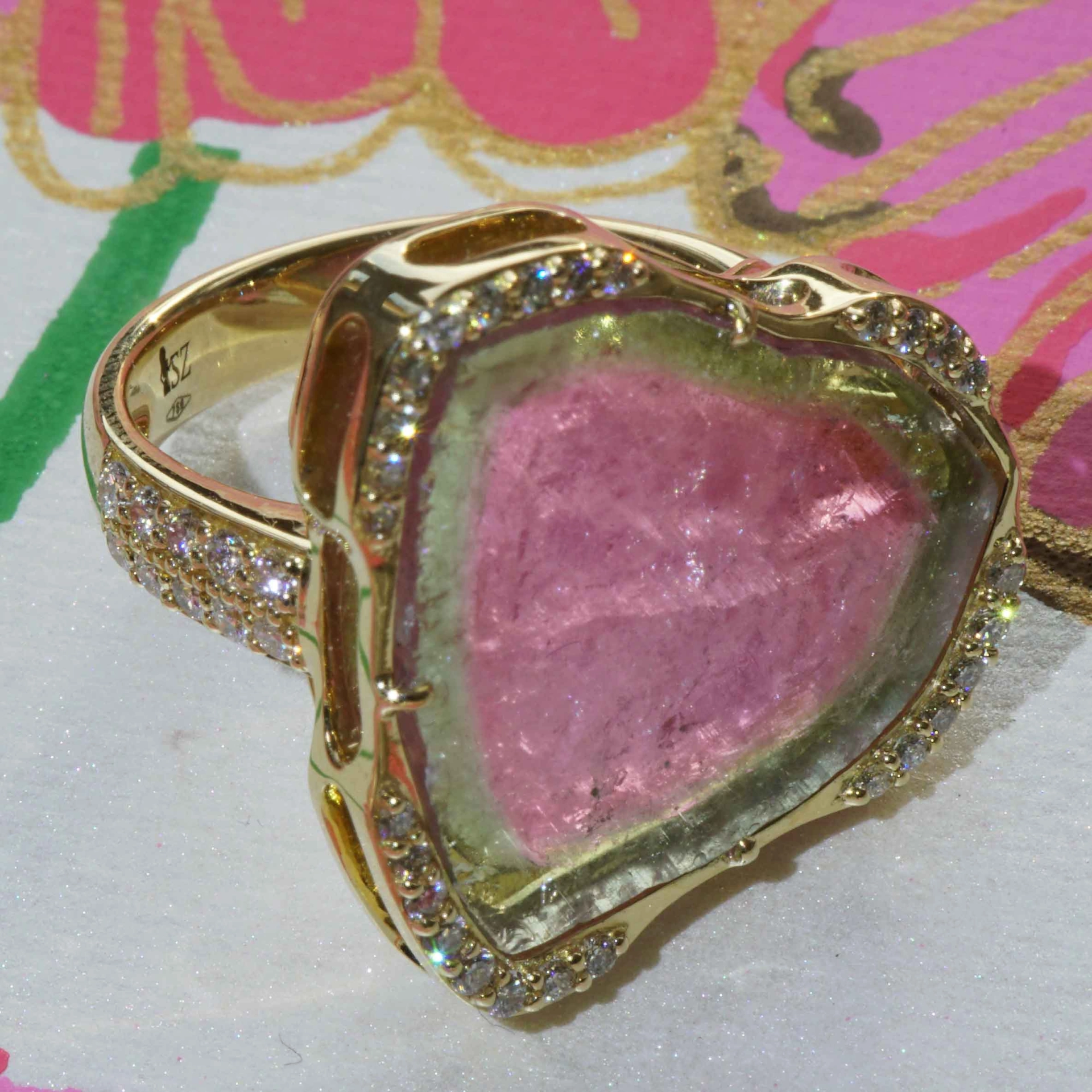 Turmalin Brillant 30 ct Wassermelonen Set Ring Anhänger Ohrhänger 750er Gelbgold