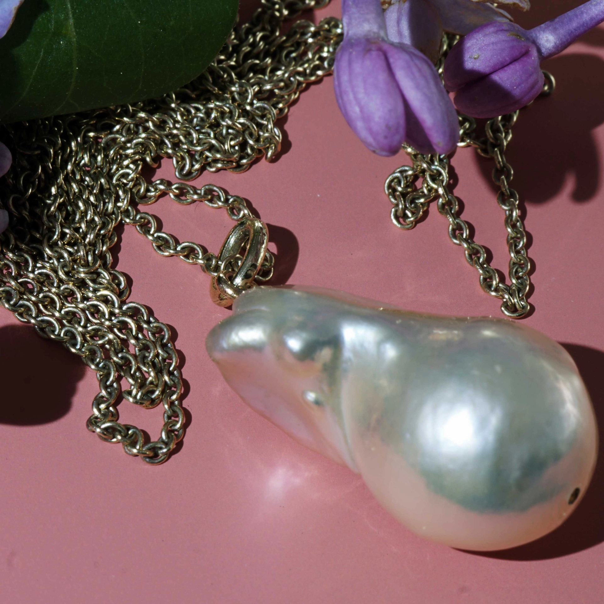 XXL Perl Anhänger mit langer Ankerkette in 101 cm 585er Gelbgold weiss-rose Top Lüster