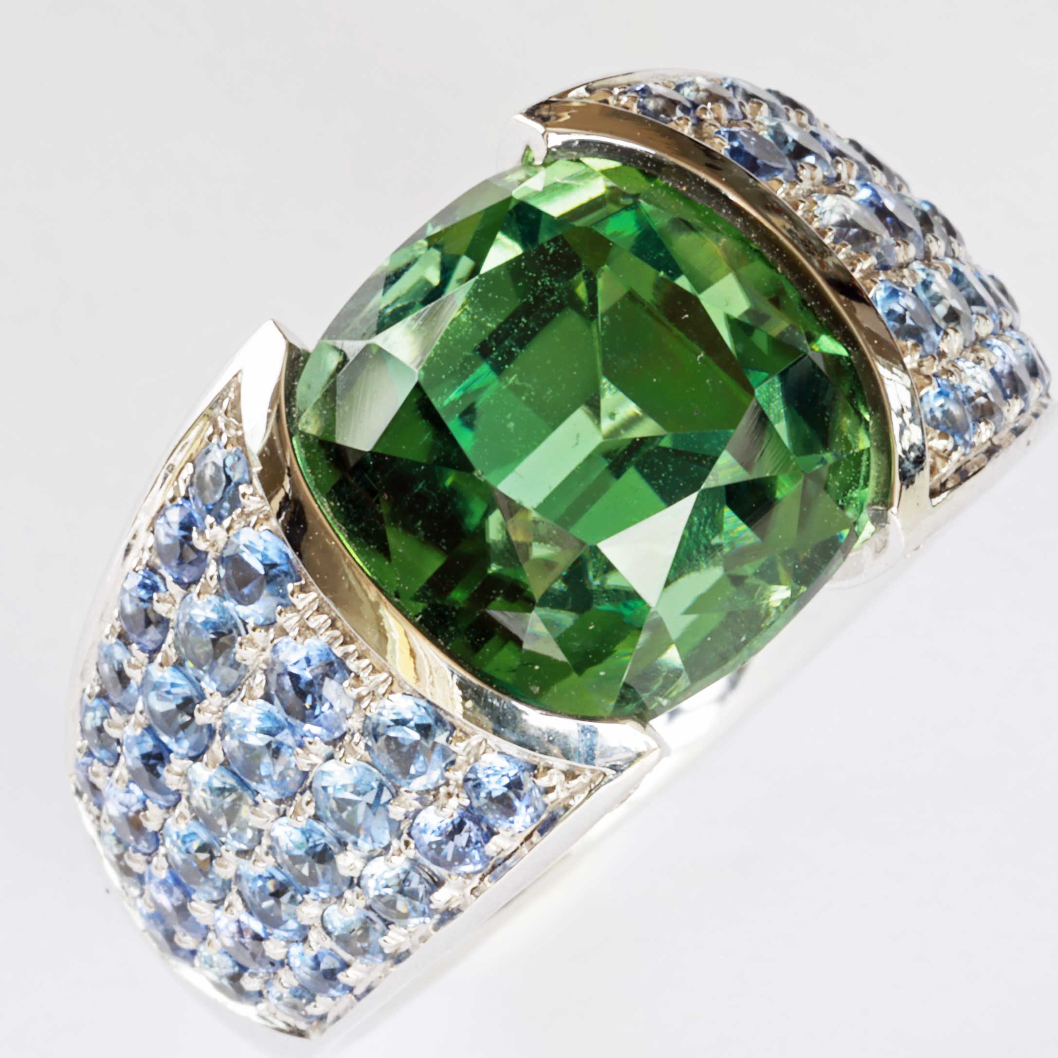 Lagoon Green Turmalin Saphir Brillant Ring 750er Weissgold Afghanistan 12.56 ct AAA+