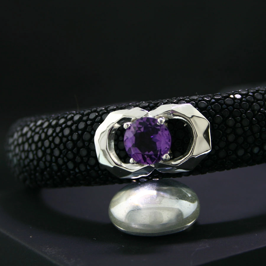 Amethyst Rochenleder Armreif 925er Silber korallpink 14 mm breit