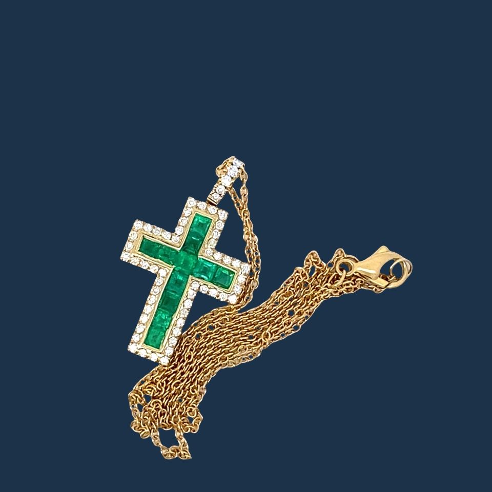 Leuchtend grünes AAA+ Panshir Smaragd Brillant Kreuz mit Kette in 750er Gelbgold - 0.98 ct 0.38 ct TW VS