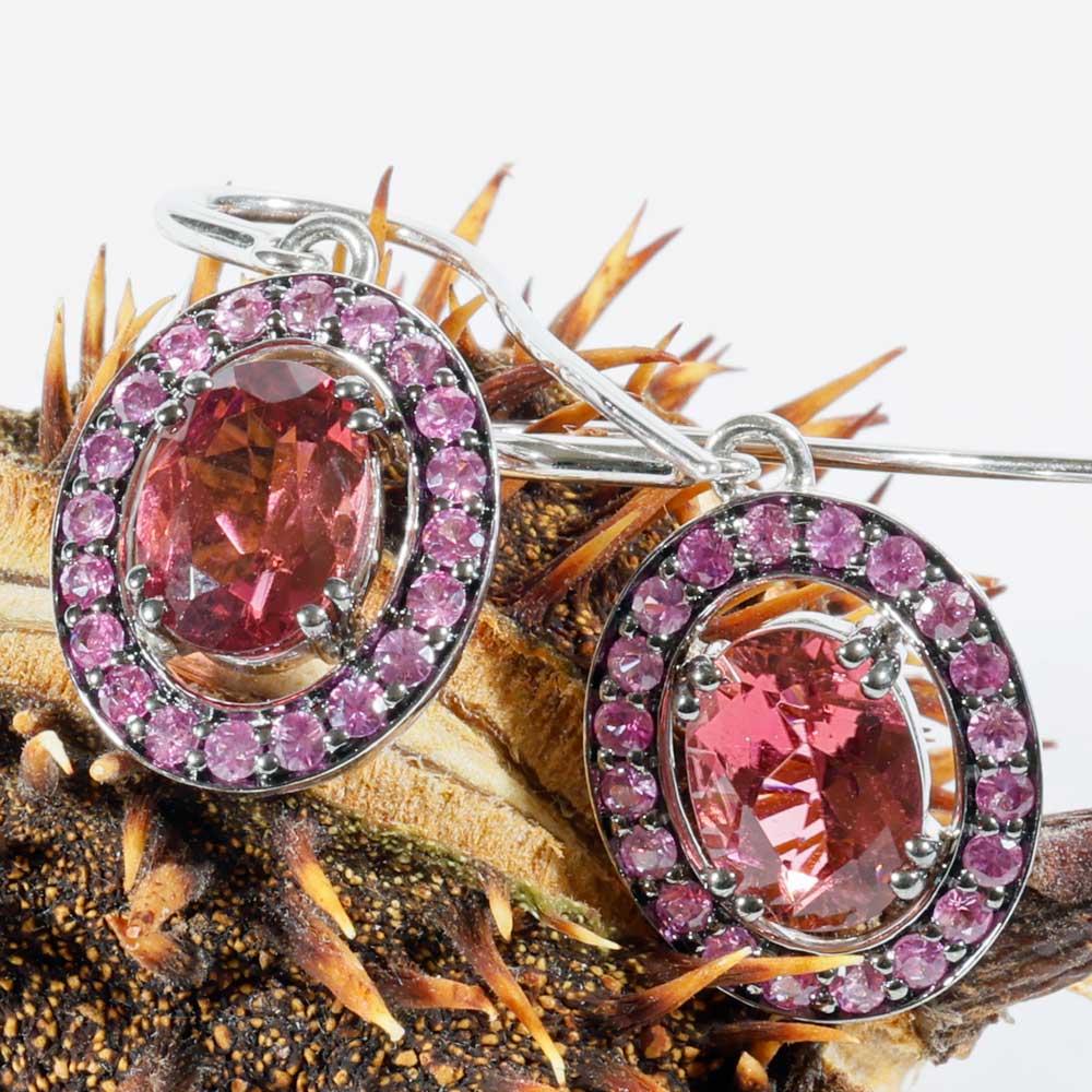 Cooler Farbstein Schmuck I Ohrhänger in 585er Weissgold mit altrosa Turmalinen und violetten Saphiren total ca. 3.39 ct