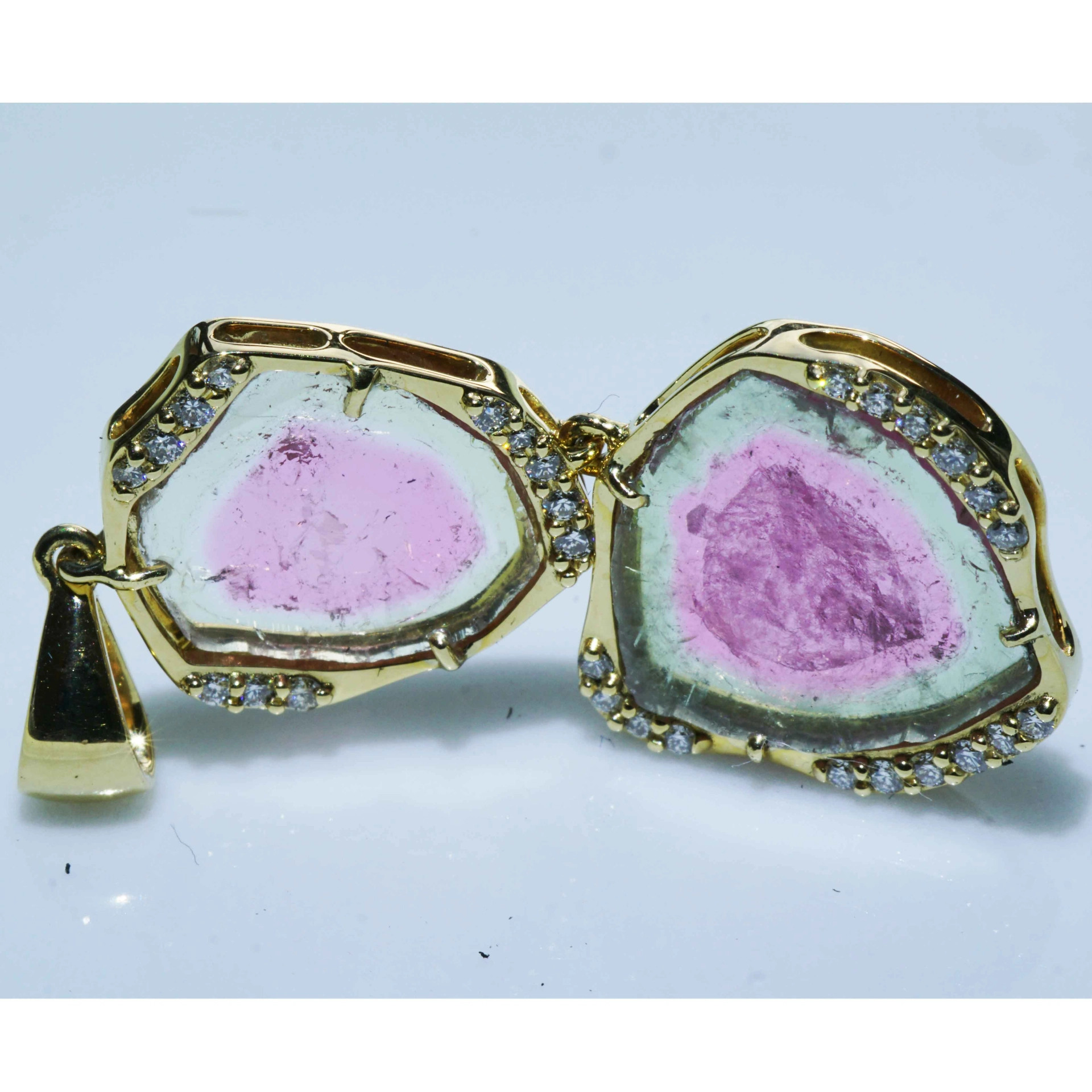 Turmalin Brillant 30 ct Wassermelonen Set Ring Anhänger Ohrhänger 750er Gelbgold