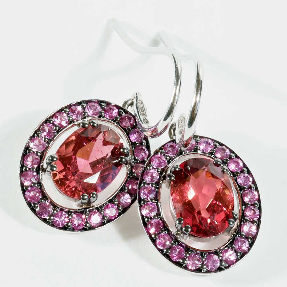 Cooler Farbstein Schmuck I Ohrhänger in 585er Weissgold mit altrosa Turmalinen und violetten Saphiren total ca. 3.39 ct