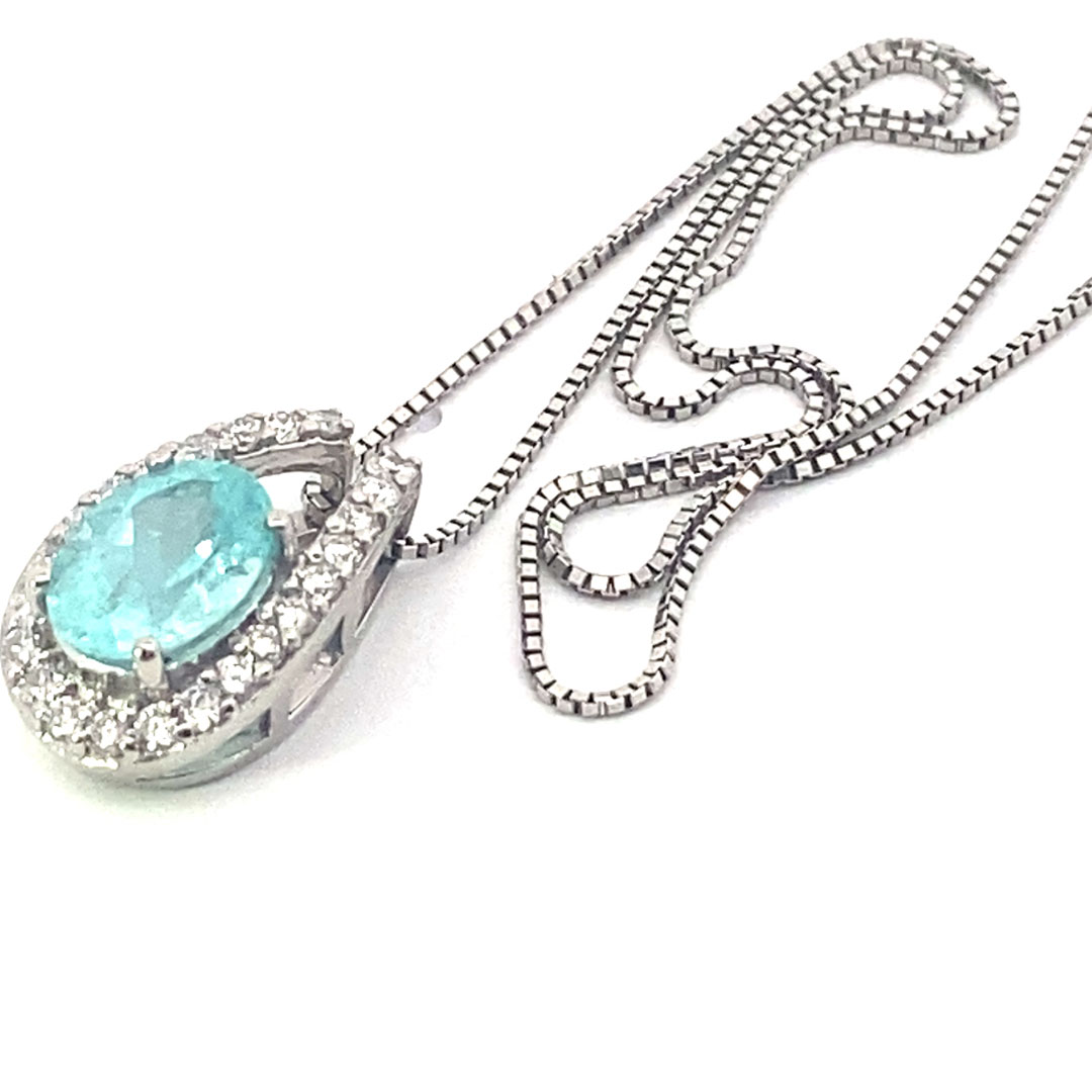 Paraiba Turmalin Anhänger in 900er Platin mit Kette 1.22 ct 0.28 ct leuchtendes Schwimmbadtürkisblau