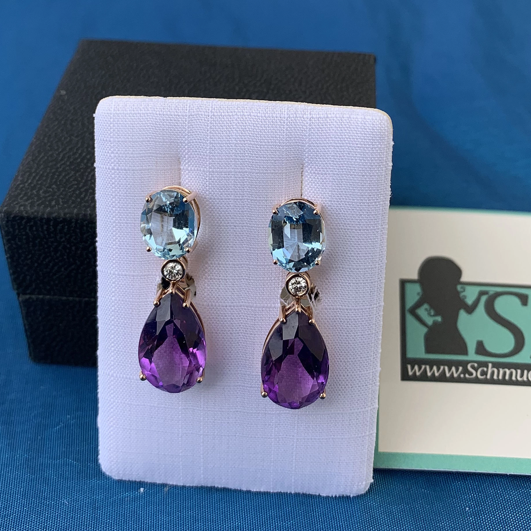 Aquamarin Amethyst Ohrhänger m. Brillanten in 750er Rosegold hochwertig