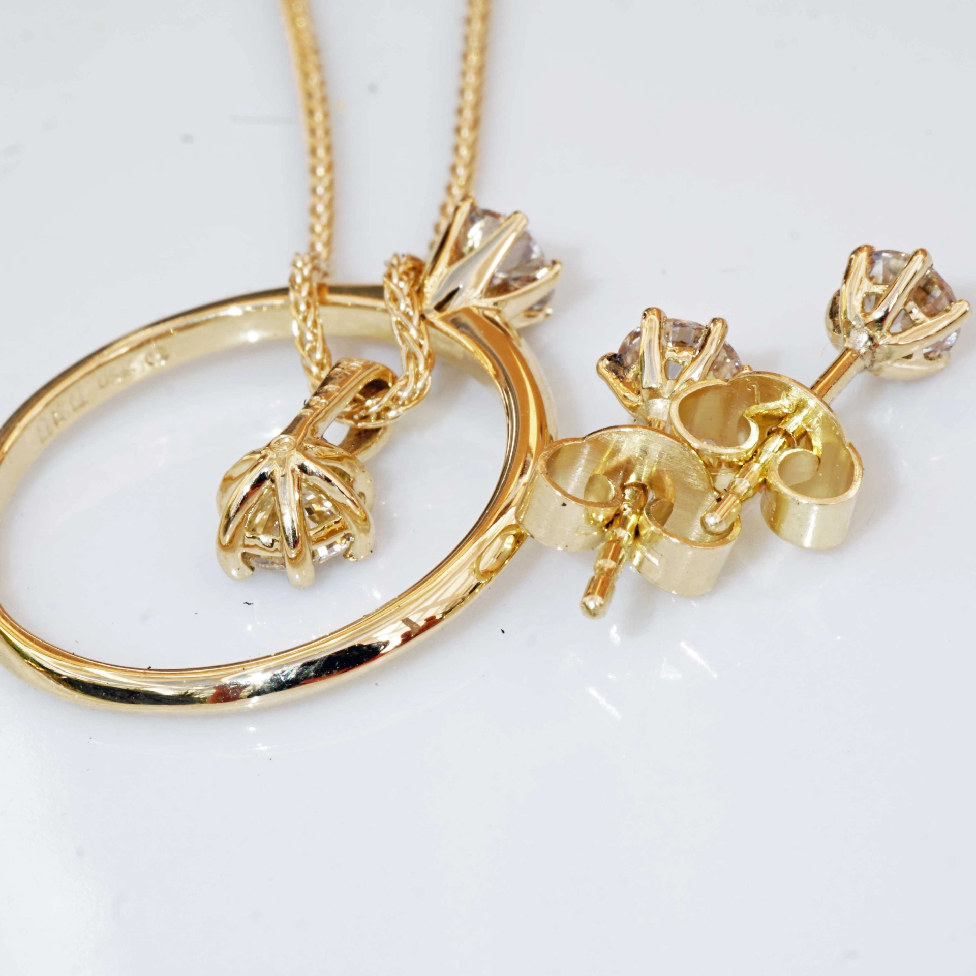 Brillant Ring Anhänger Ohrstecker 750er Gelbgold Set 1.20 ct Getönt VS Silhouette Schmuck