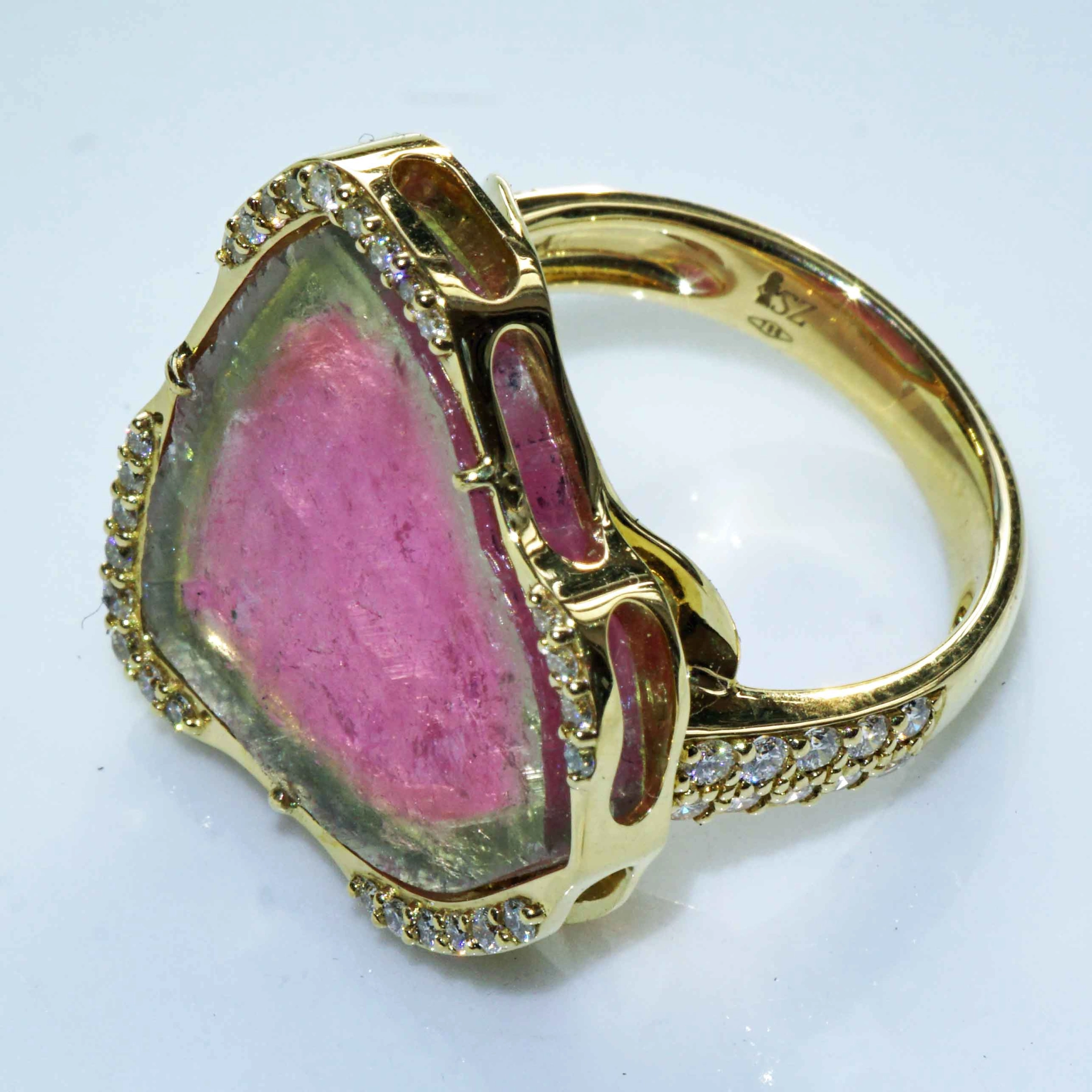 Turmalin Brillant 30 ct Wassermelonen Set Ring Anhänger Ohrhänger 750er Gelbgold