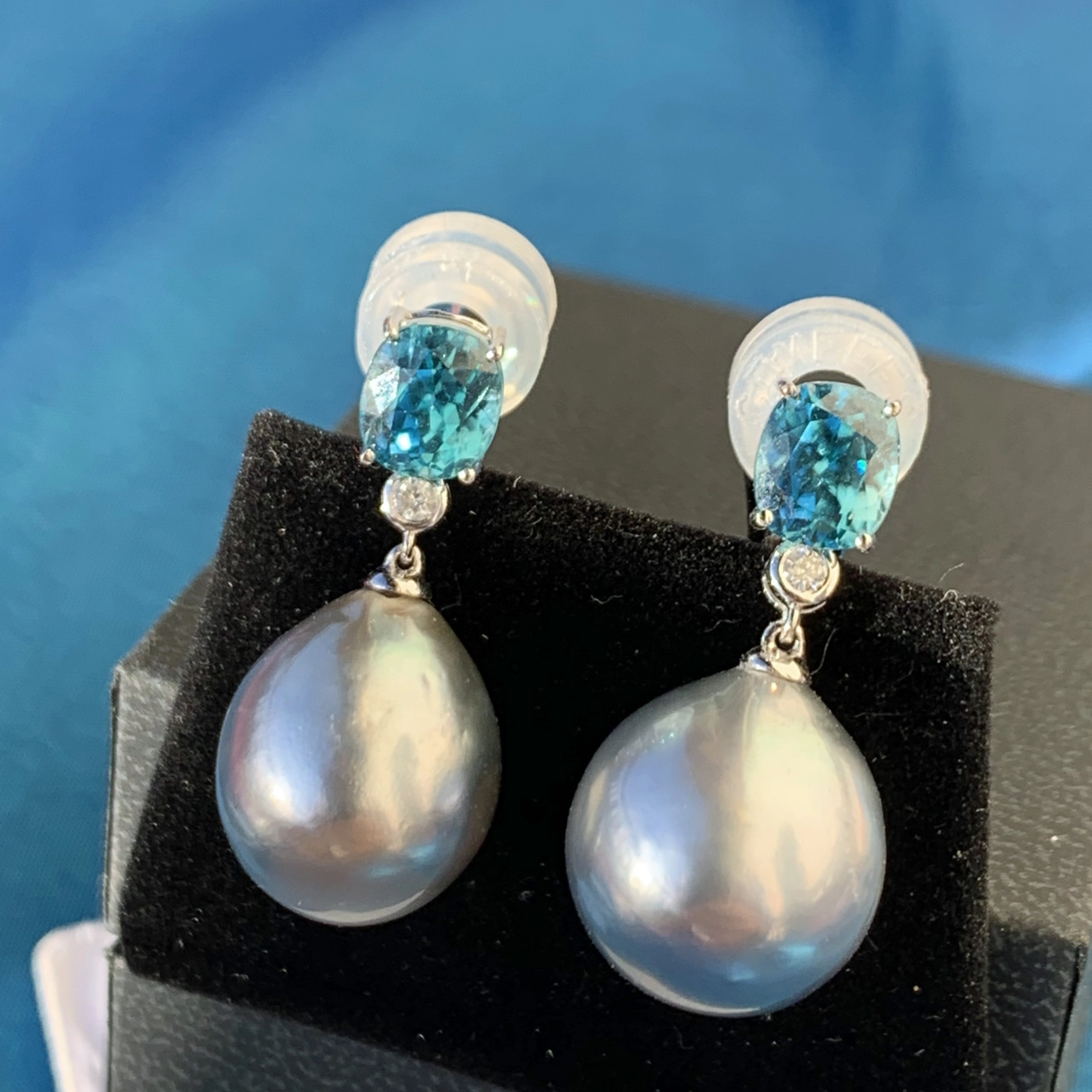 Blauer Zirkon Zuchtperl Brillant Ohrhänger 750er Gold Top Kambodscha Zirkone