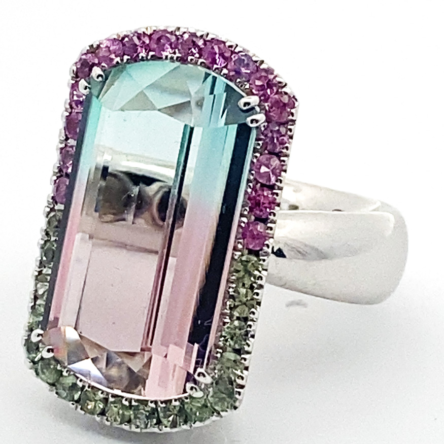 Turmalin Saphir Ring BICOLOR 18 kt Weissgold Afghanistan baby pink blue 14.85 ct