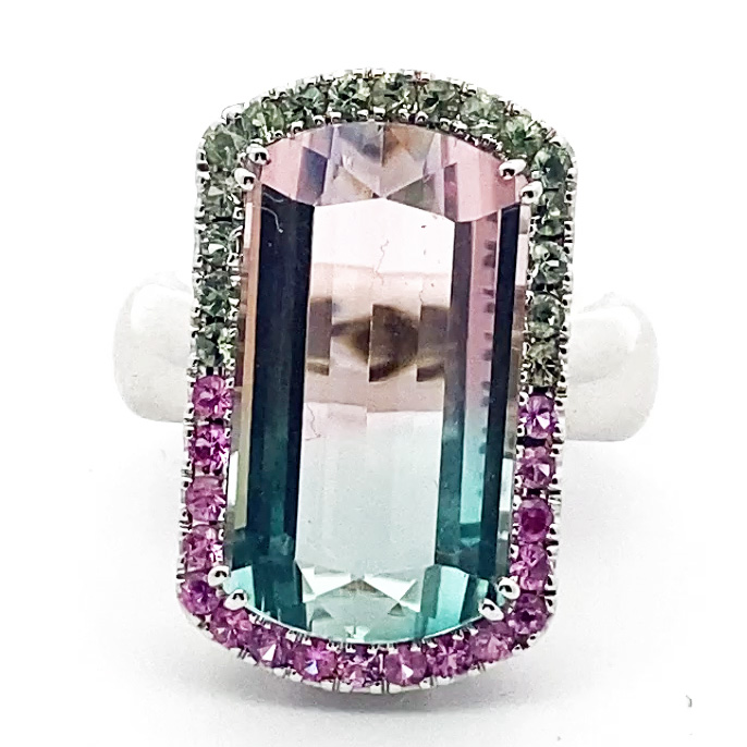 Turmalin Saphir Ring BICOLOR 18 kt Weissgold Afghanistan baby pink blue 14.85 ct
