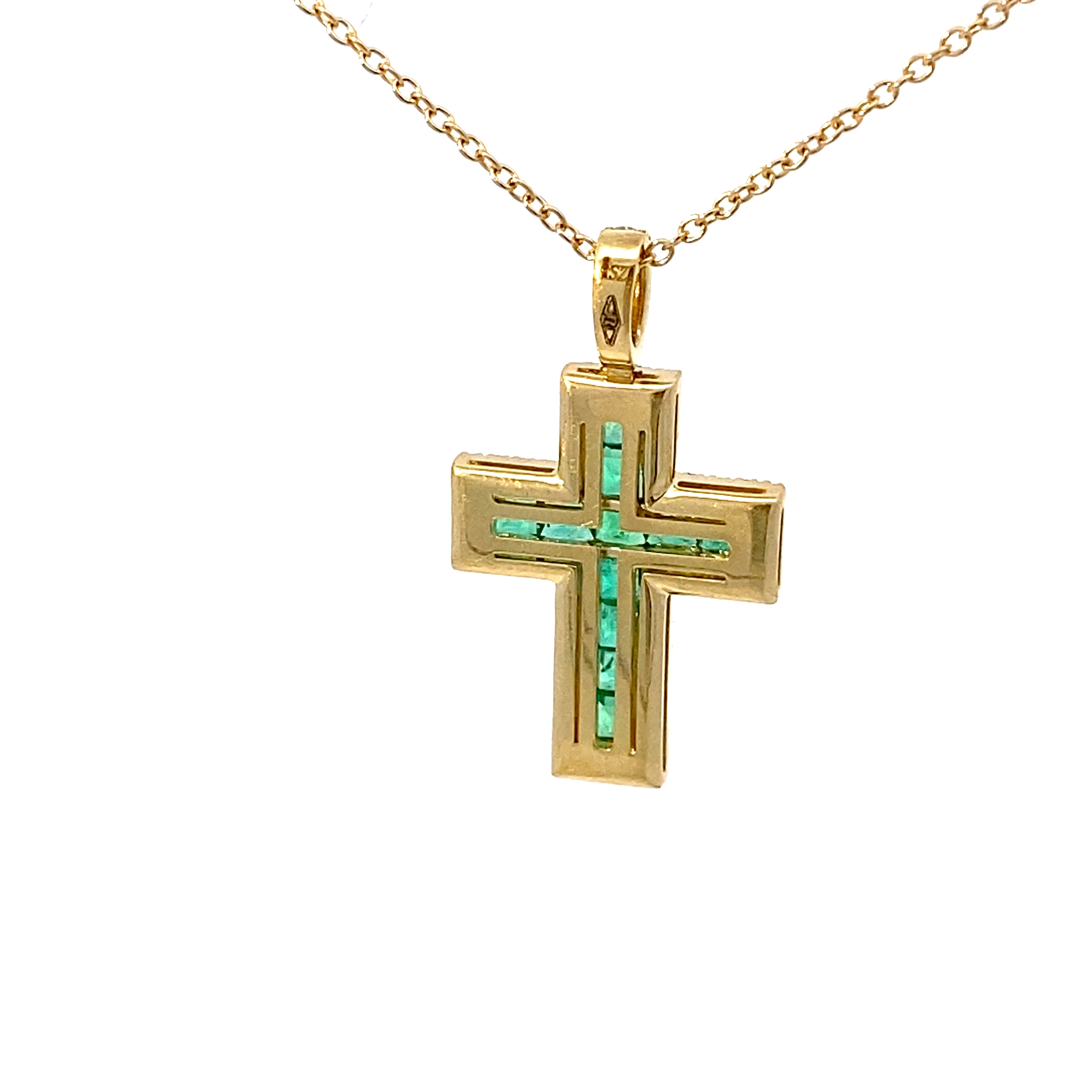 Leuchtend grünes AAA+ Panshir Smaragd Brillant Kreuz mit Kette in 750er Gelbgold - 0.98 ct 0.38 ct TW VS