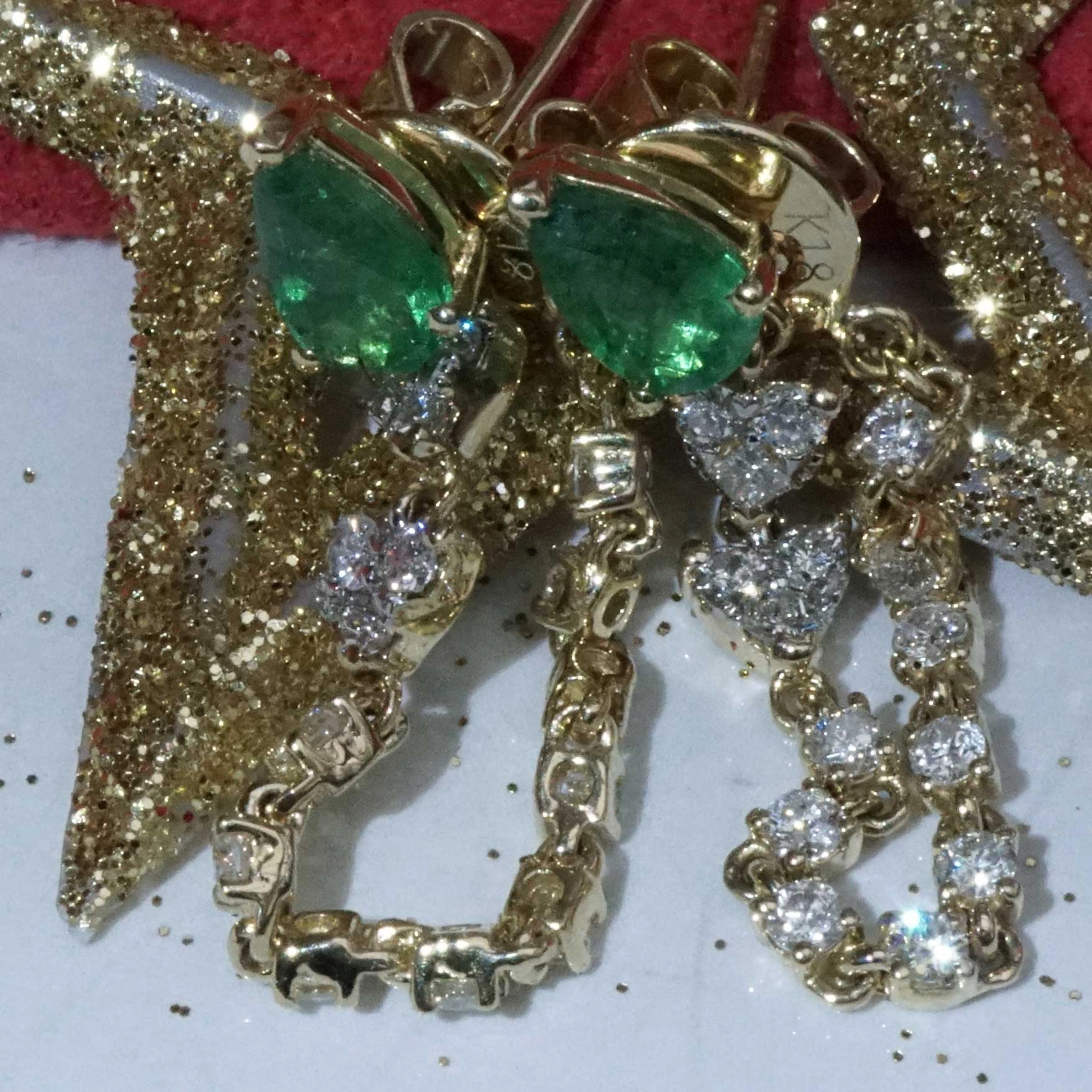 Smaragd Brillant Ohrhänger in Kettenform 0.70 ct 0.60 ct 750er Gelbgold...trendy..