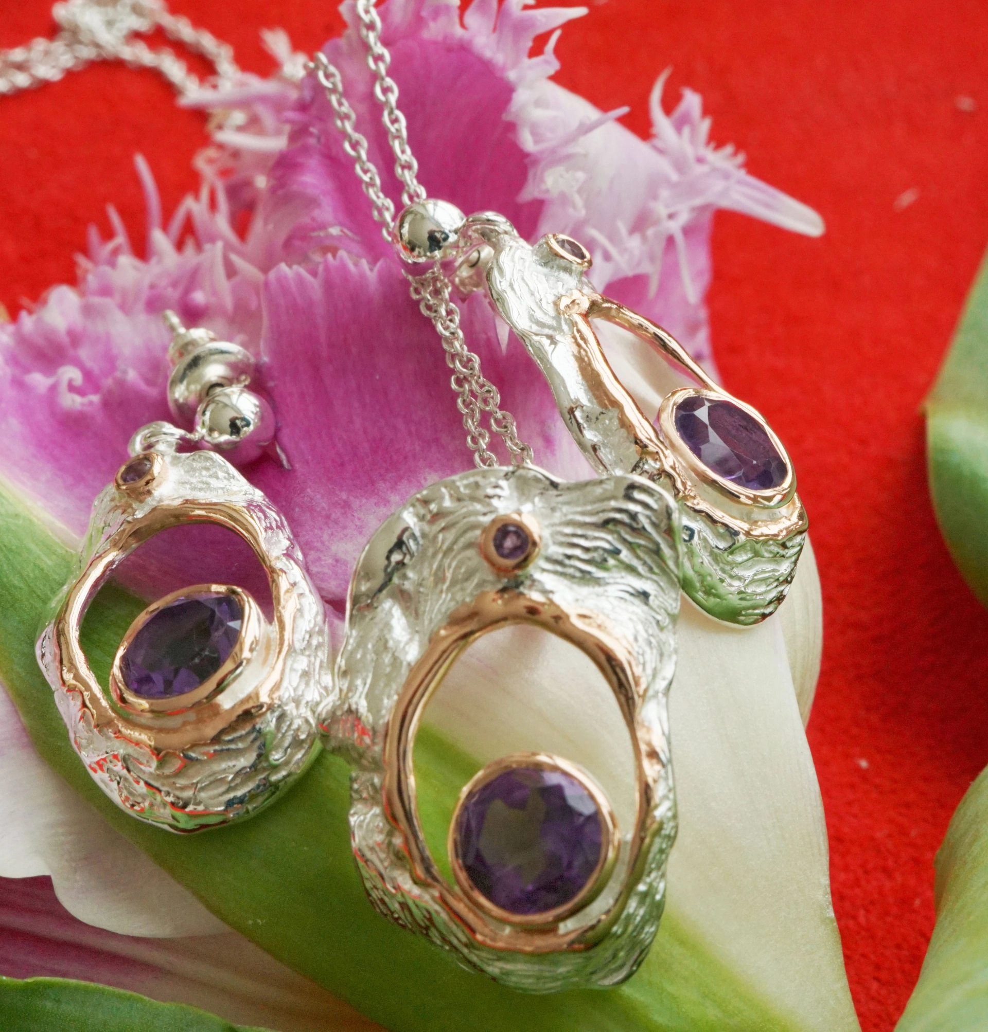Set:Amethyst Anhänger und Ohrhänger 925er Silber Stand by me tolle Amethystqualität