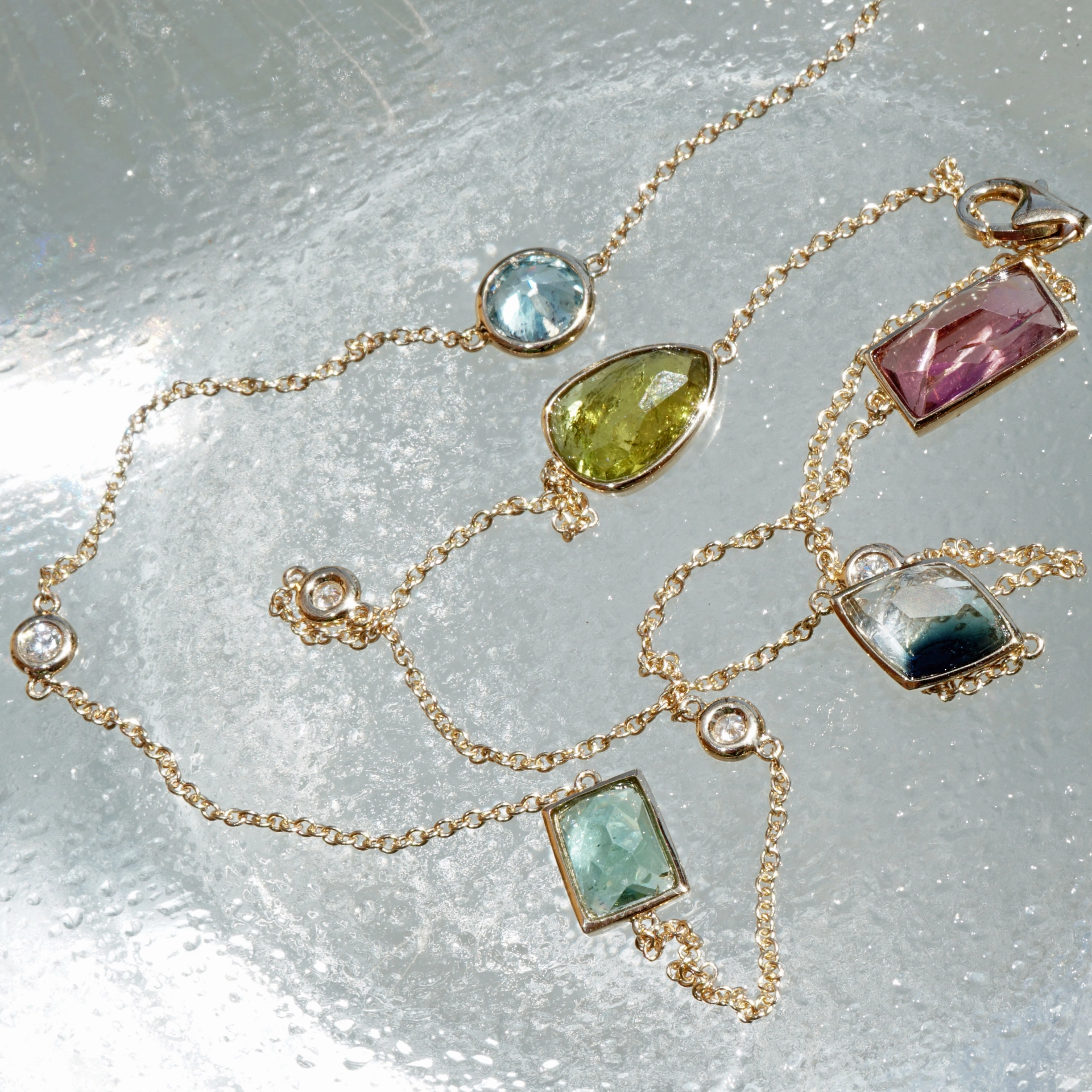 Turmalin Zirkon Brillant Collier 585er Gelbgold Confetti Style....9.50 ct und 0.20 ct TW VS