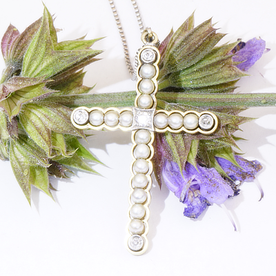 Antikschmuck Kreuz Perl Brillant Anhänger mit Kette 585er Weissgold Gelbgold um 1900