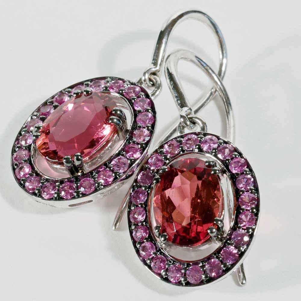 Cooler Farbstein Schmuck I Ohrhänger in 585er Weissgold mit altrosa Turmalinen und violetten Saphiren total ca. 3.39 ct