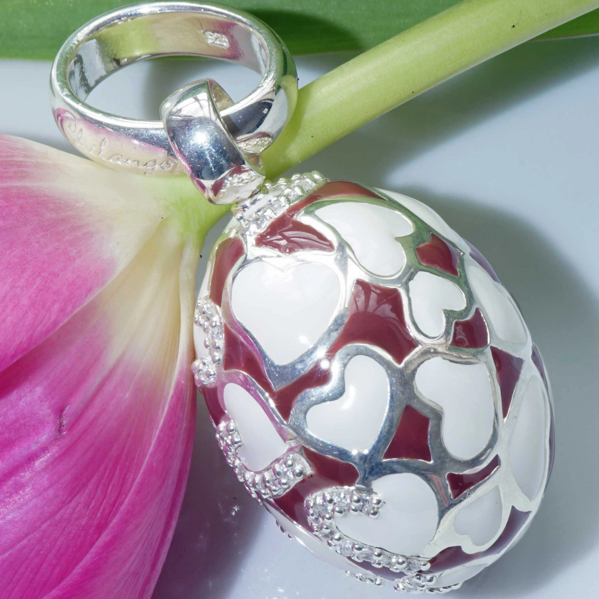 Original Chilango Anhänger im Stil Faberge Emaille Heart rot-braun 925er Silber mit Steinbesatz
