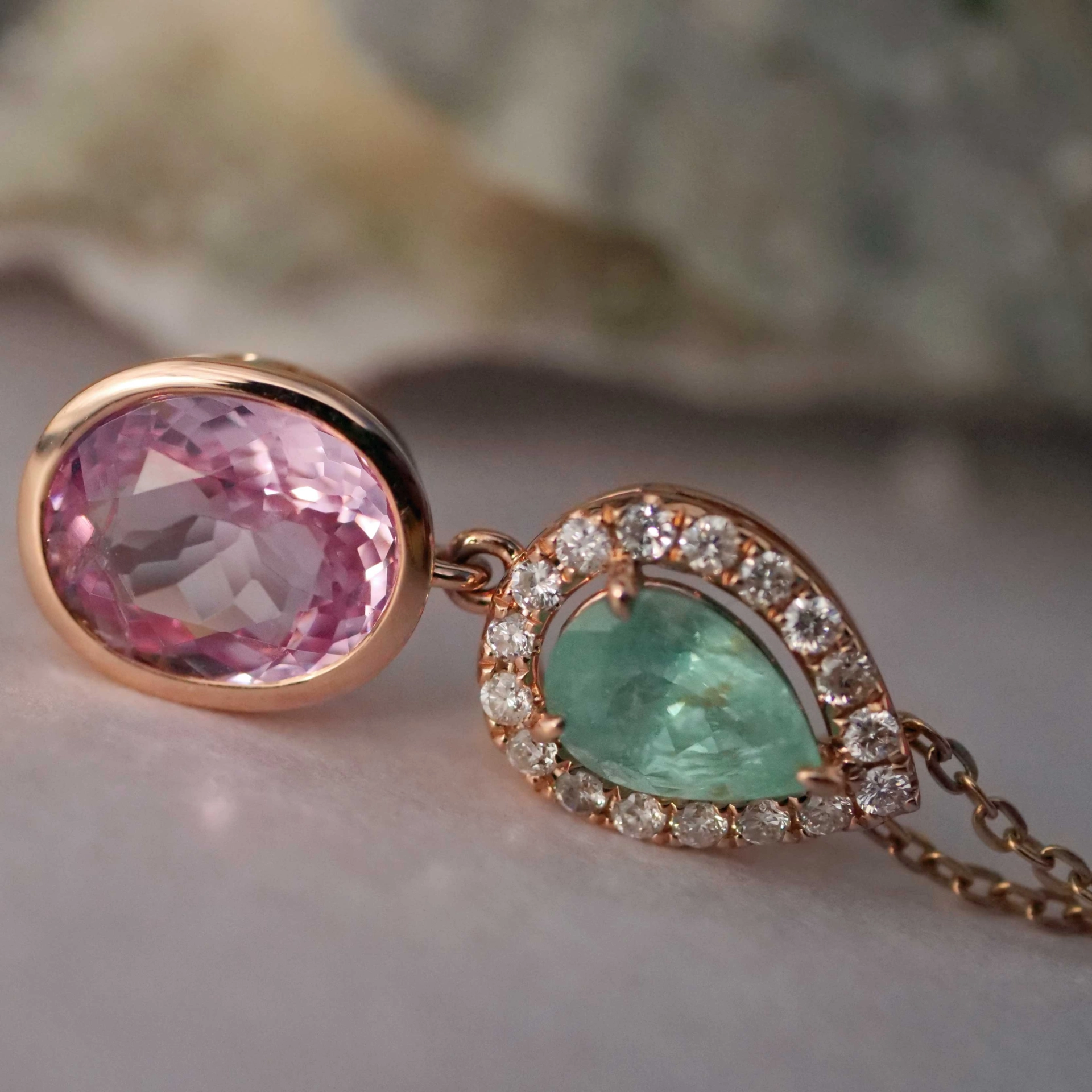 Paraiba Turmalin Spinell Brillant Anhänger 750er Rosegold Traumfarben Kombination Pink Blau-Grün