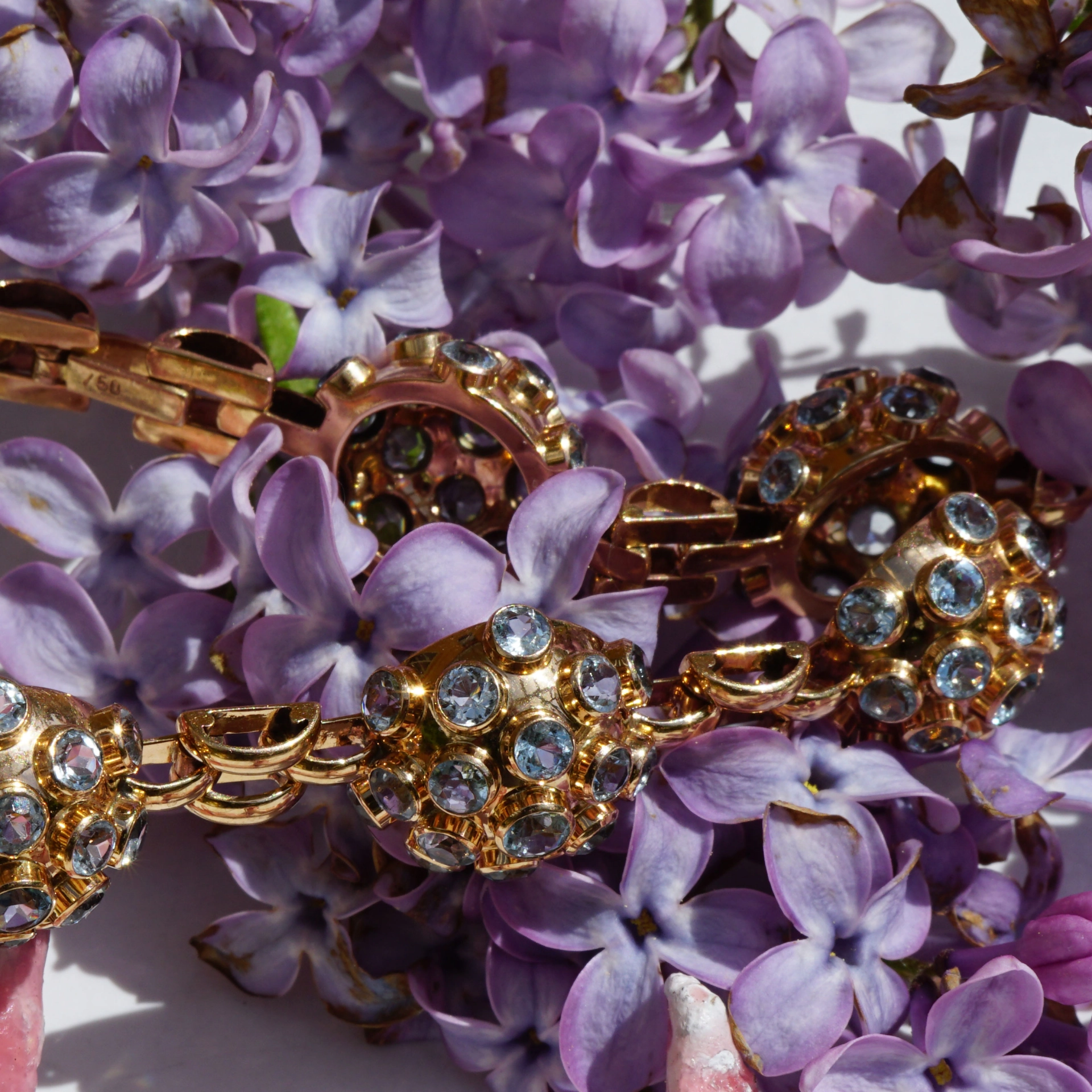Glieder Armband mit Blautopasen Vintage 60er Jahre tolles Igel Design 750er Rosegold