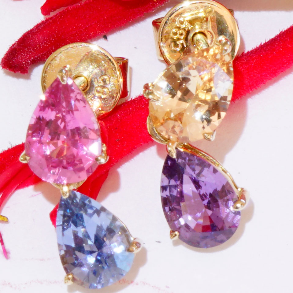 Saphir Ohrhänger 750er Gelbgold aus der Ilakaka Mine Madagascar pink blau aprikot lila NATURFARBE