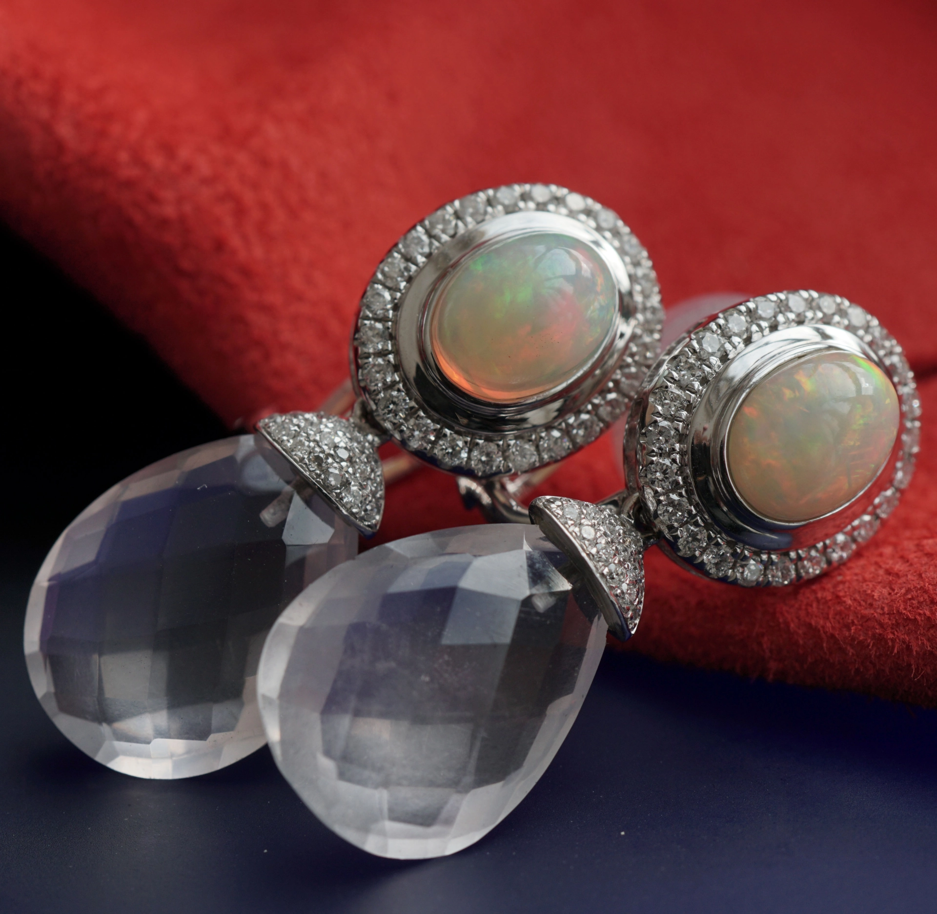 Brillant Opal Rosenquarz Ohrstecker Clip ZARTE BLÜTE 750er Weissgold Pastellfarben